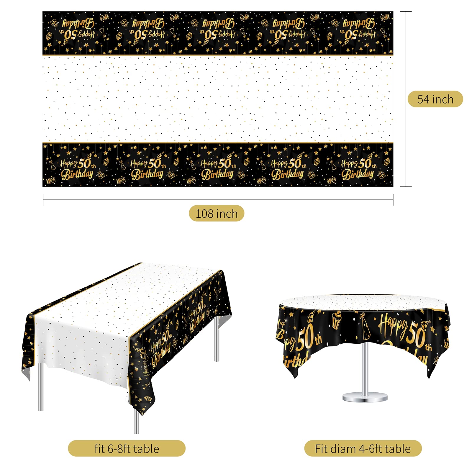 Ruisita 2 Pack Black Gold 50th Birthday Tablecloth Set - Premium Rectangular Party Table Cover for Indoor & Outdoor Celebrations, Anniversaries, and Special Events