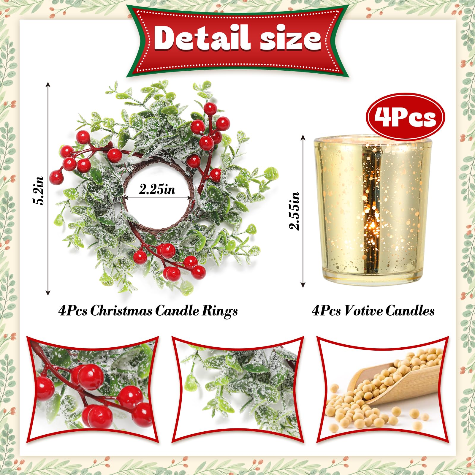4-Pack Gold Votive Candles with Red Berry Christmas Candle Ring Wreath - Elegant Holiday Table Centerpiece for Christmas Party, Home Decor & Festive Gatherings