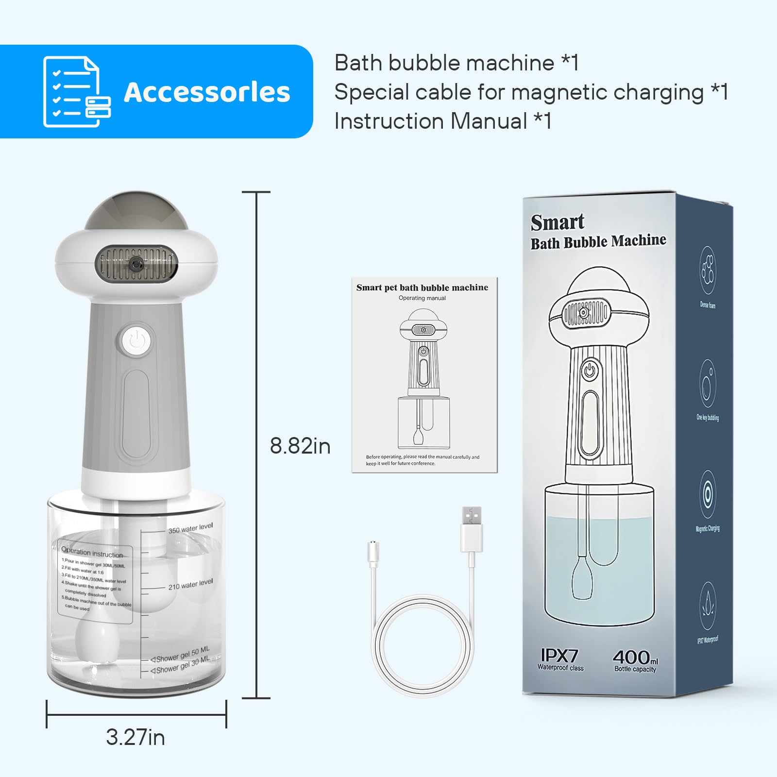 Electric Dog Shampoo Dispenser - UFO Pet Shampoo Sprayer with Foaming Function for Dogs & Cats | Bathtub, Sink & Bathroom Cleaning | Perfect for Home Grooming & Pet Spa Days (Grey)