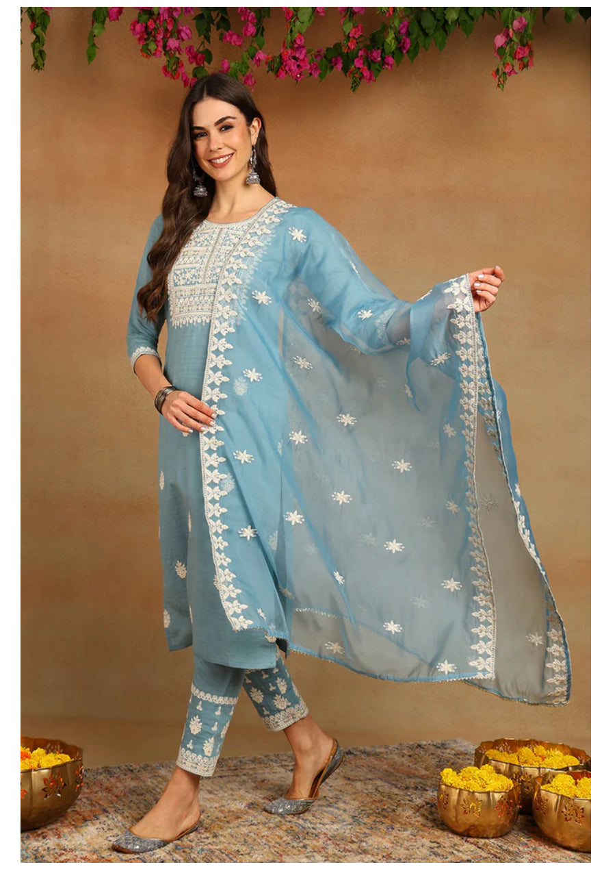 Elegant Blue Silk Blend Embroidered Kurta Set for Women | Traditional Indian Ethnic Wear | Perfect for Festivals, Weddings & Special Occasions