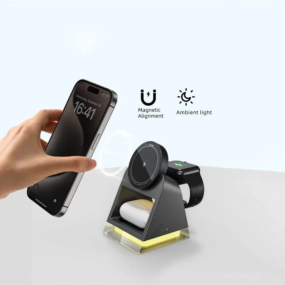 PowerTrio Plus 3-in-1 Magnetic Wireless Charging Station for iPhone 14/13/12 - Fast Charging Stand for iPhone, AirPods & Apple Watch - Perfect for Home, Office & Nightstand Use