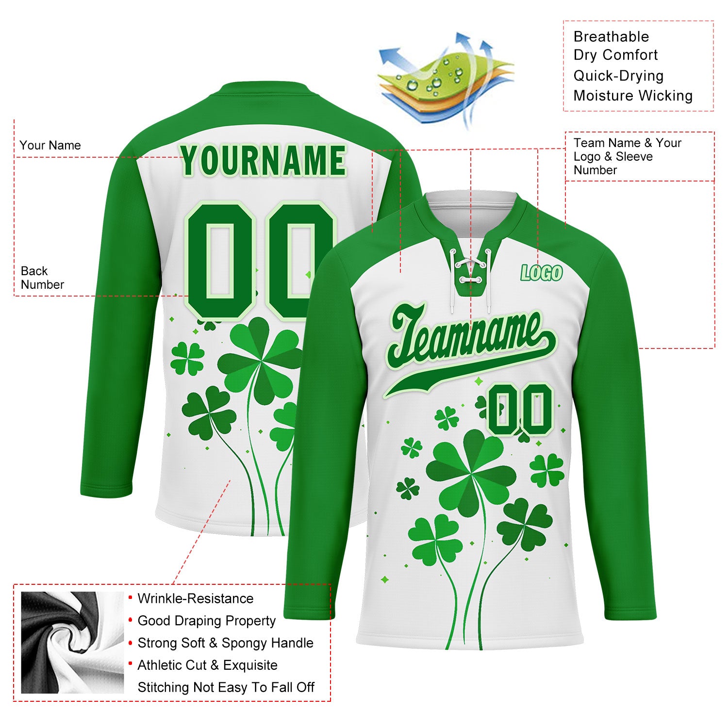 Custom Personalized Four Leaf Clover Hockey Jersey HCKJ01 E0615 - Perfect for Hockey Games, Team Sports & Fan Apparel Gifts