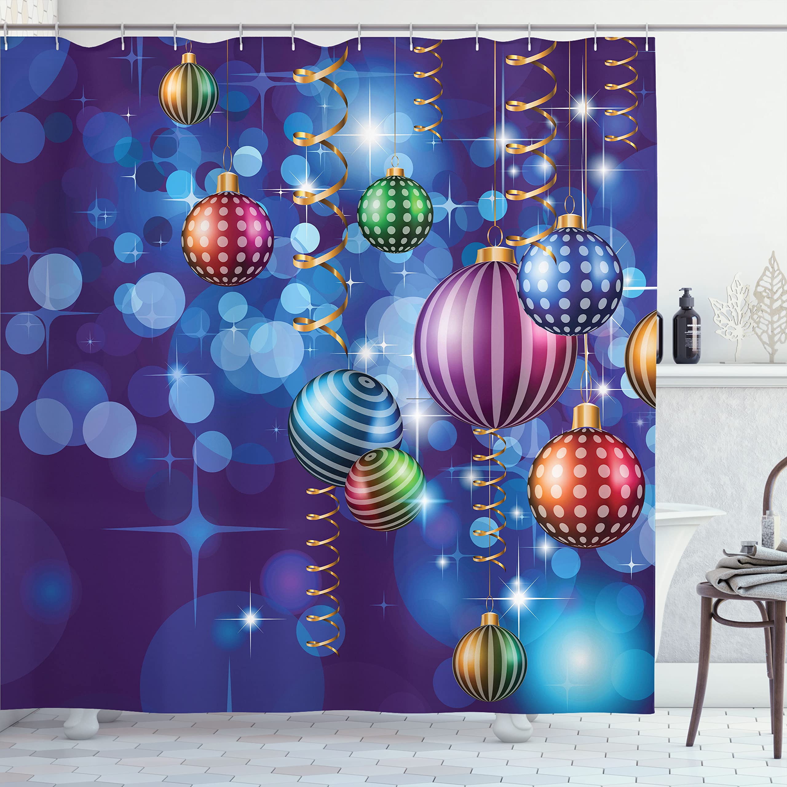 Ambesonne Christmas Shower Curtain - Festive Holiday Bathroom Decor with Swirling Ornaments & Balls Print, 69x70 Inch Fabric Set with Hooks - Perfect for Christmas Parties, New Year Celebrations & Winter Home Decor (Indigo)