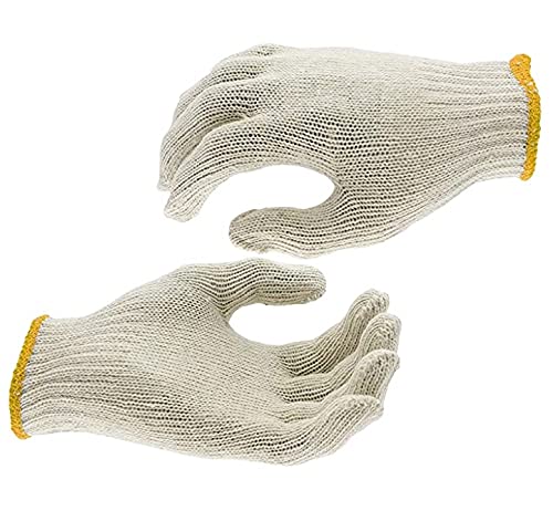 12 Pairs Men's String Knit Work Gloves - Cotton Polyester Blend, Washable, Natural Beige with Elastic Wrist for Hand Protection | Ideal for Construction, Gardening, and Winter Outdoor Activities