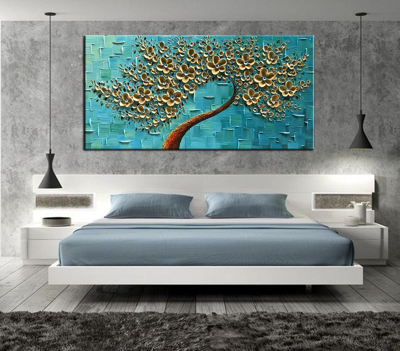 YaSheng Art - Handmade Golden Flowers Oil Painting on Canvas, Abstract Tree Texture Palette Knife Artwork, Modern Wall Decor for Bedroom, Living Room & Office (24x48 Inch) - Perfect for Home Decor, Housewarming Gifts & Interior Design