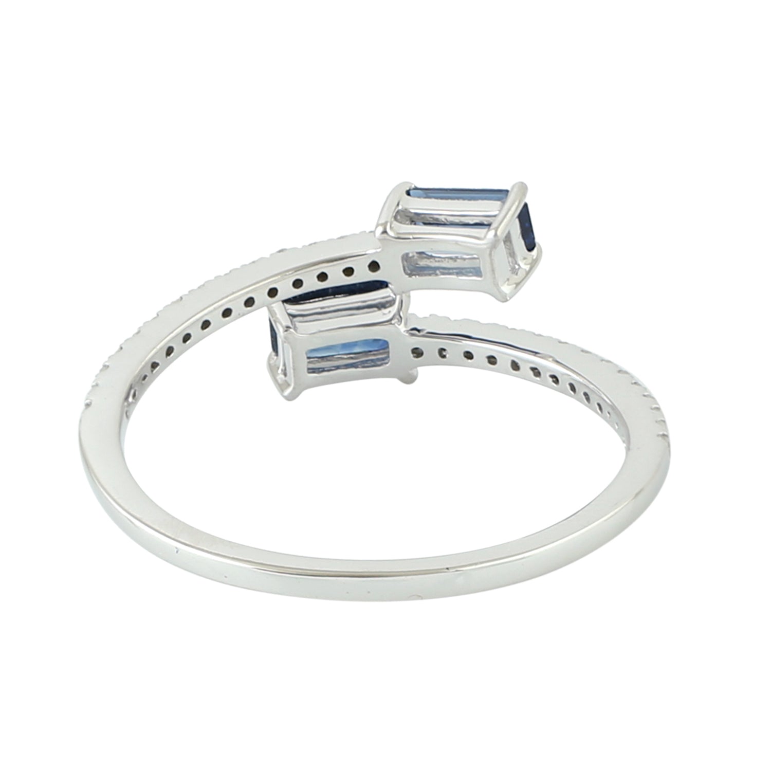 14K White Gold Baguette Cut Blue Sapphire Pave Diamond Bypass Ring - Elegant Engagement, Anniversary Gift for Women, Perfect for Weddings & Special Occasions
