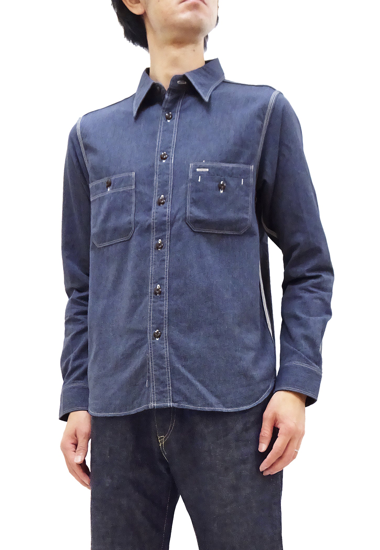 Premium Men's Slim Fit Samurai Jeans Cotton Melange Chambray Shirt - Lightweight Long Sleeve Button Up Work Shirt in Heather Navy Blue | Casual Office Wear & Outdoor Activities