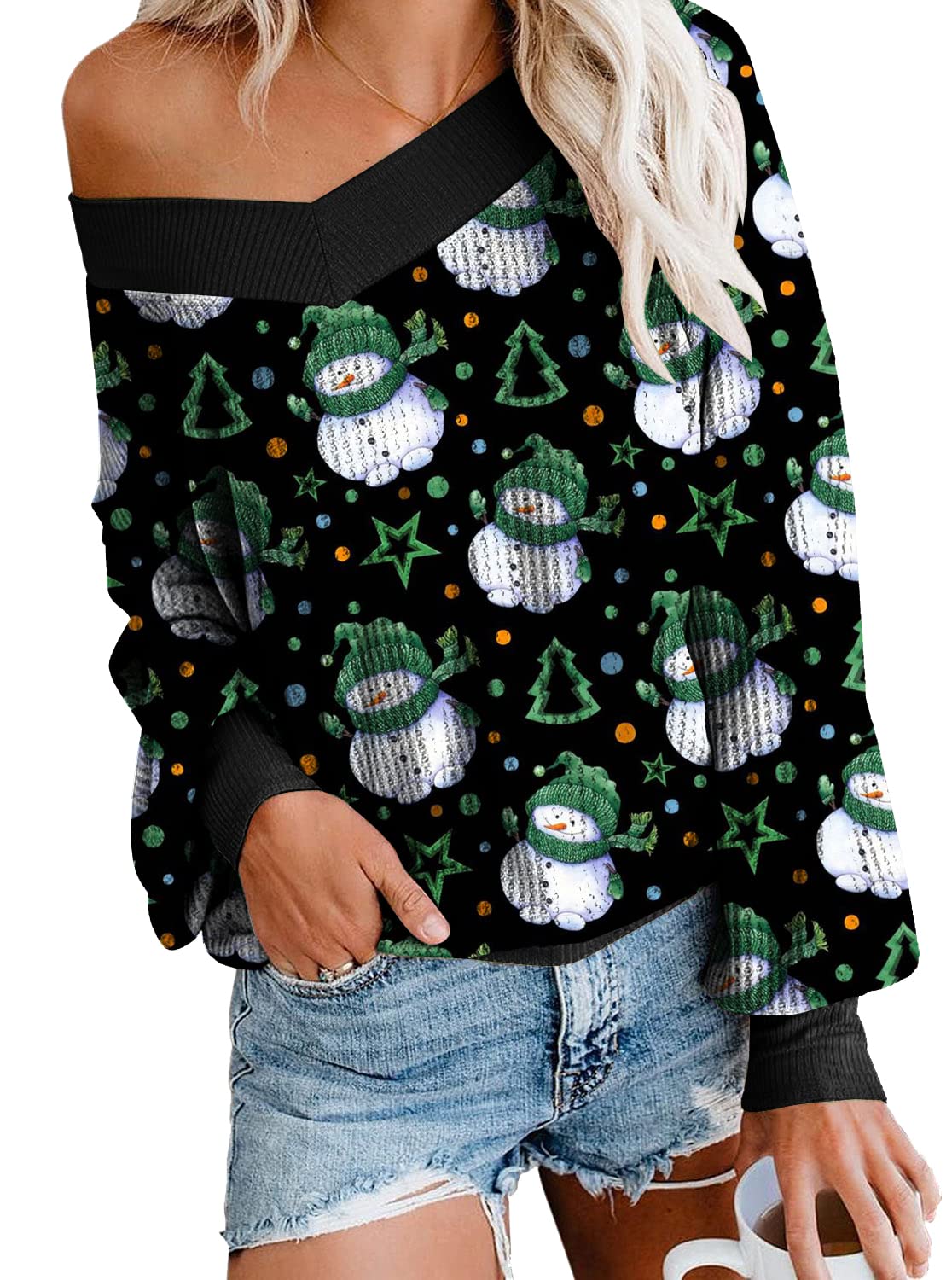 Women's Christmas Waffle Knit Sweater - Off Shoulder Long Sleeve Pullover with Holiday Snowflake & Reindeer Print | Cozy Winter Party Outfit for Xmas Gatherings & Family Photos