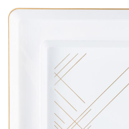 20-Pack White & Gold Geometric Square Plastic Dinnerware Set - 10 Guest Service - Modern Square Edge Plates, Bowls & Cups - Perfect for Parties, Weddings & Outdoor Dining