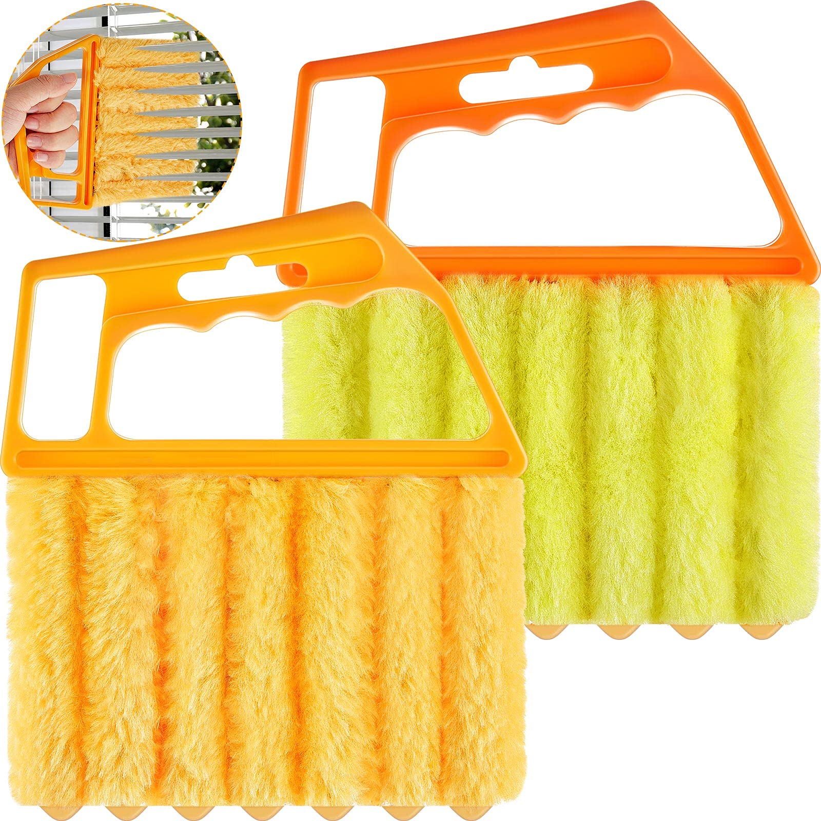 Geiserailie 2-Pack Washable 7-Finger Dusting Cleaner Tool for Window Blinds, Venetian Blinds & Air Conditioner - Mini Handheld Brush with Orange Handle - Removes Dust & Dirt from Wood Blinds, Furniture & Hard-to-Reach Areas