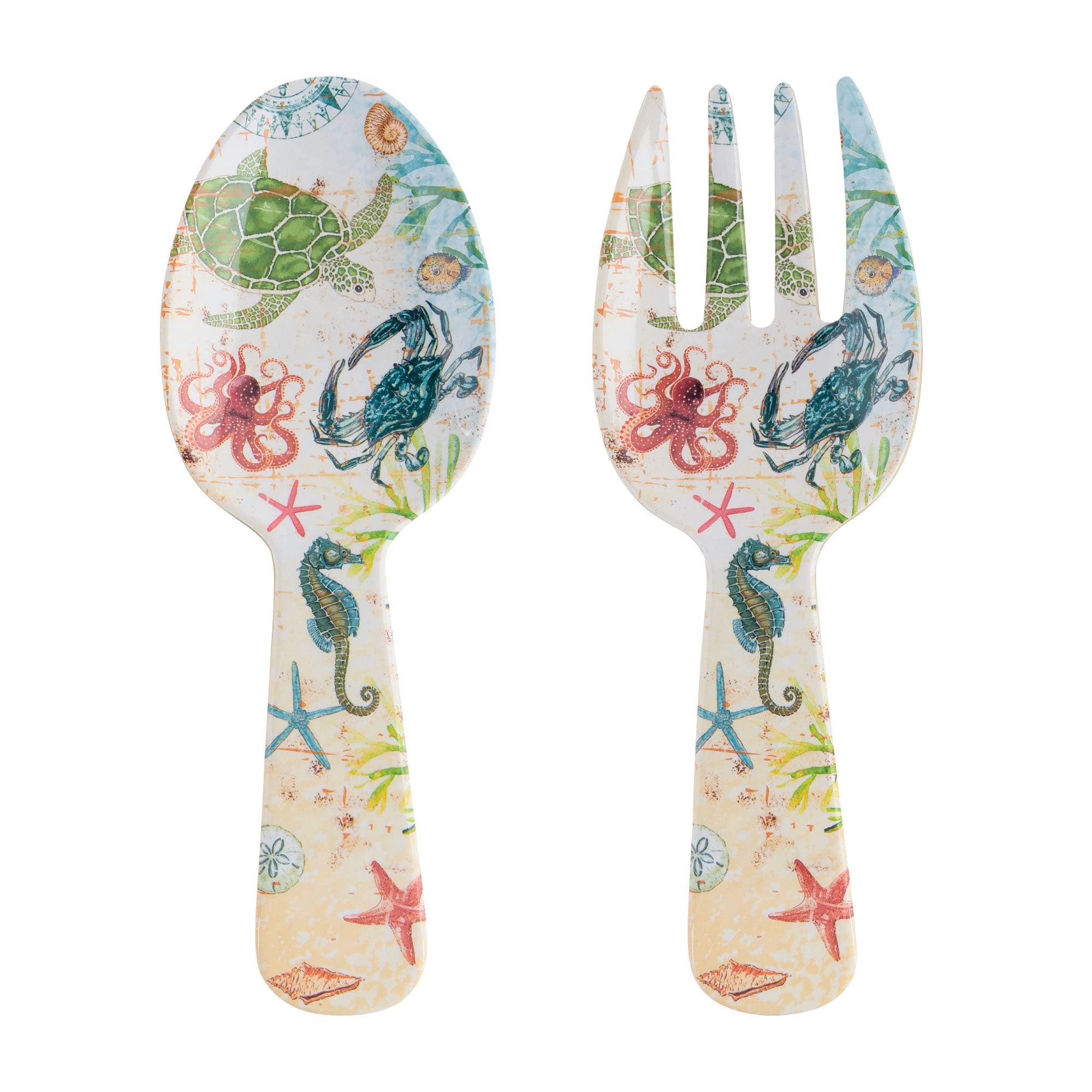 Premium 10.75 Inch Melamine Salad Serving Set - 2-Piece Salad Spoon & Fork Utensils with Sealife Crab Design | Durable, Lightweight & Dishwasher Safe | Perfect for Picnics, BBQs, Dinner Parties & Seafood Themed Events