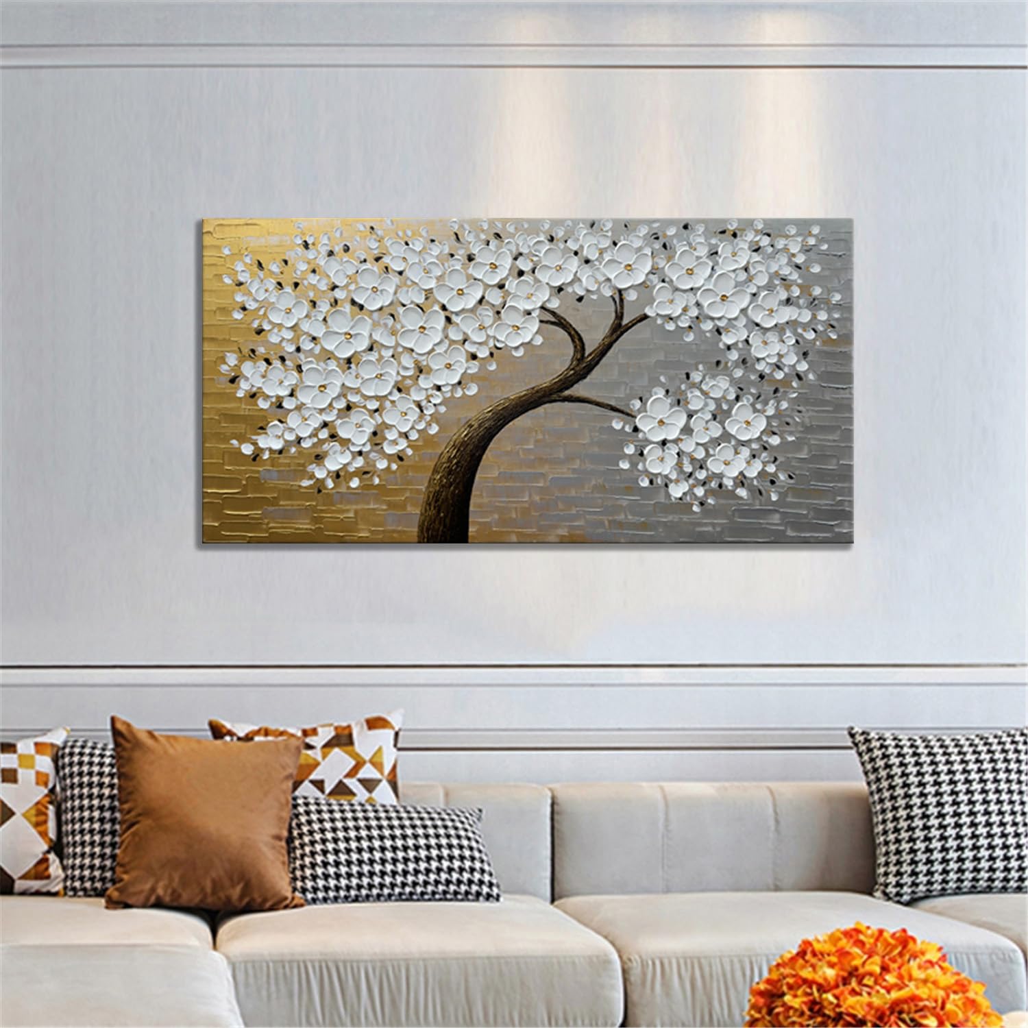 Alenoss Hand Painted 3D Floral Oil Paintings on Canvas - 48x24 Inches Abstract Modern Wall Art - Contemporary Canvas Artwork for Living Room, Bedroom & Office Decor - Ready to Hang