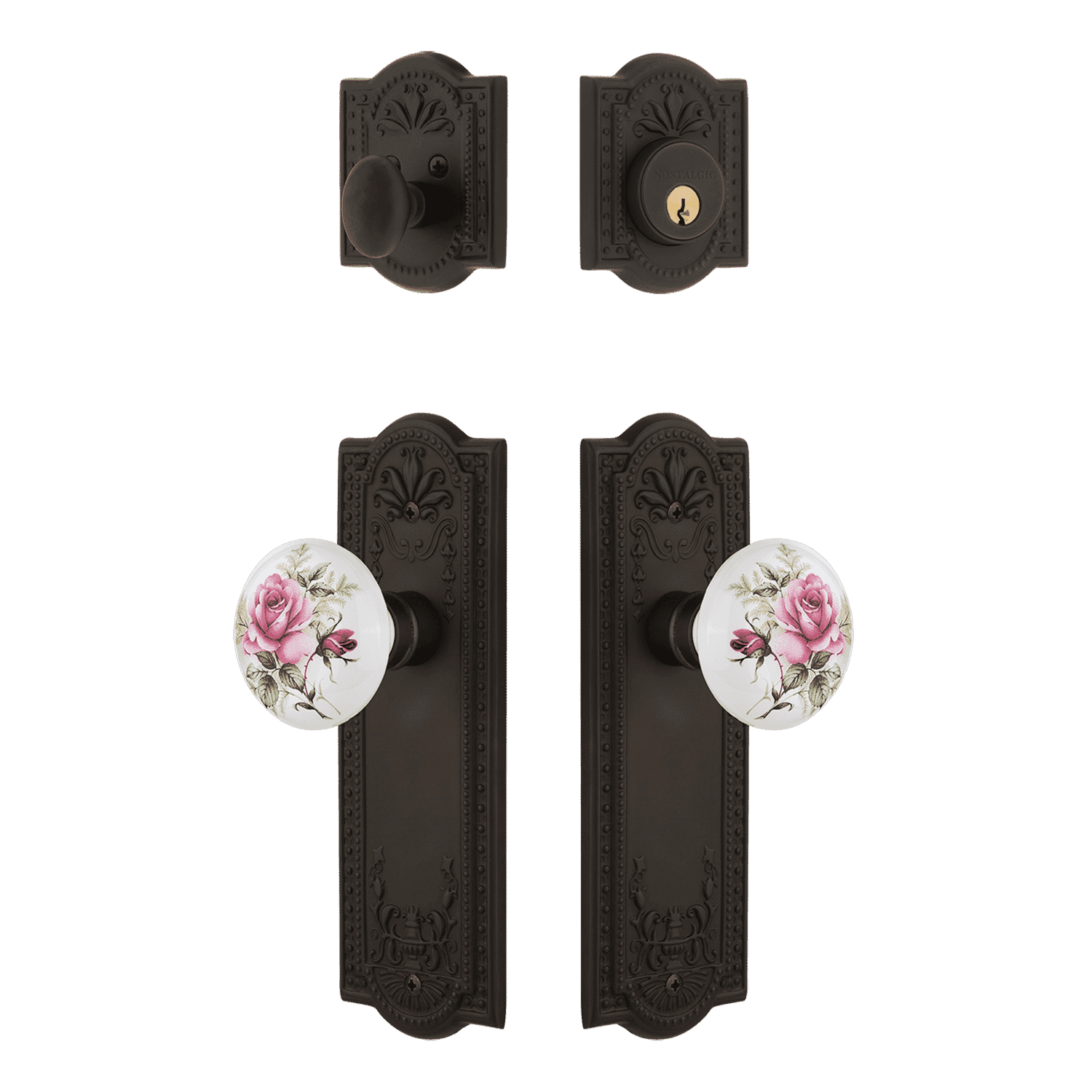 Elegant Meadows Entry Door Set with White Rose Porcelain Knob in Oil Rubbed Bronze Finish - Perfect for Victorian, Cottage & Farmhouse Style Homes