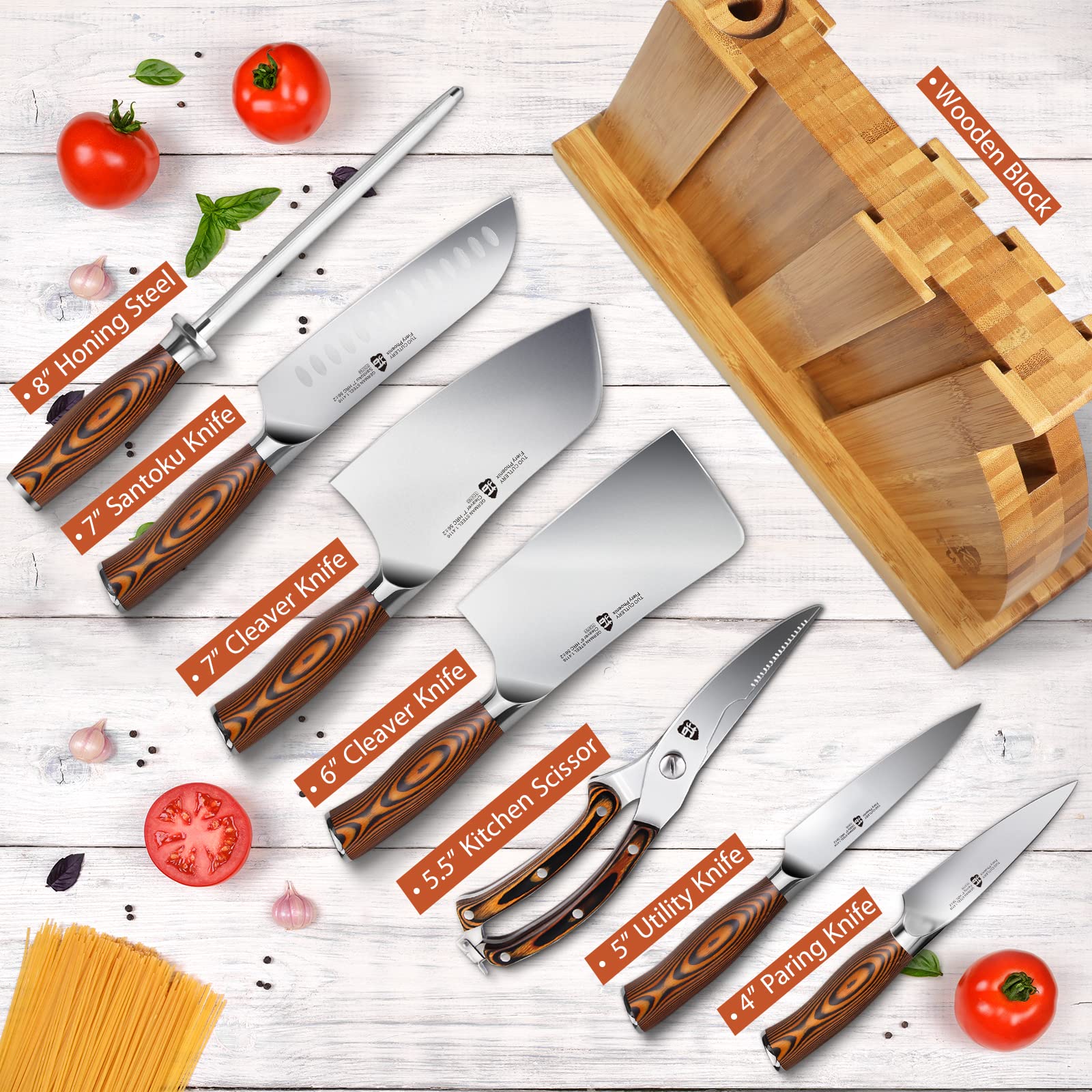 Premium 8-Piece Kitchen Knife Set - German X50CrMoV15 Forged Steel - Rust Resistant Full Tang Knives with Ergonomic Pakkawood Handles - Includes Wooden Storage Block - Fiery Phoenix Series - Perfect for Home Chefs, Cooking Enthusiasts & Professional Kitchens