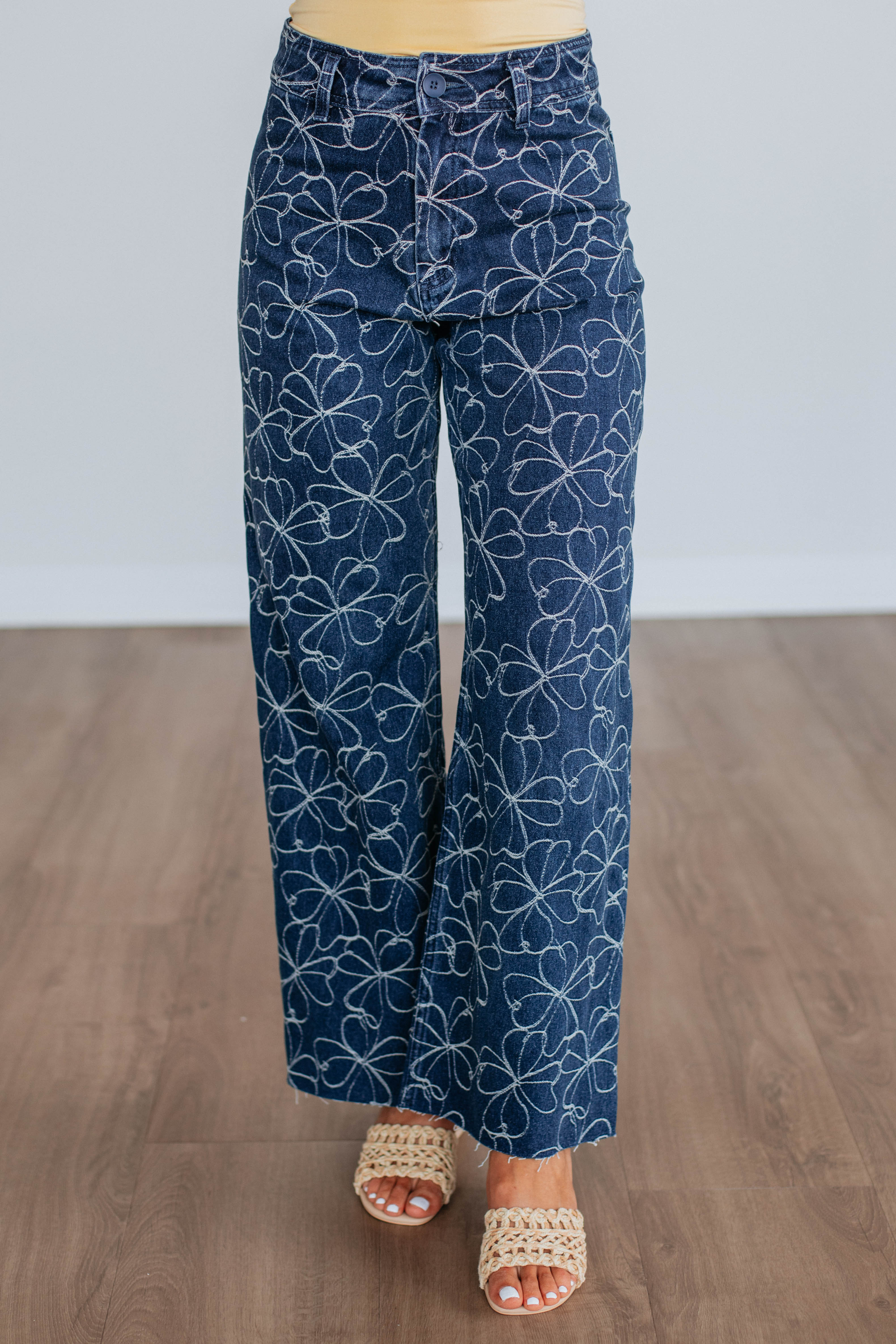 Alysia Floral Denim Pants for Women - High Waisted Stretch Jeans with Embroidery Details - Perfect for Spring Outfits, Casual Wear & Boho Fashion