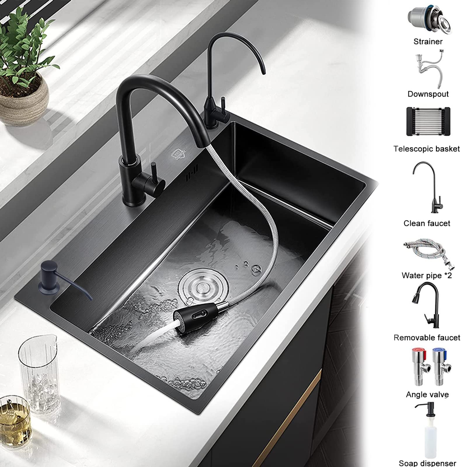 Undermount Single Bowl Kitchen Sink with Faucet - 304 Stainless Steel Large Capacity Black Nano Coating - Durable Thick Gauge for Home Use - Perfect for Busy Kitchens and Heavy-Duty Cooking