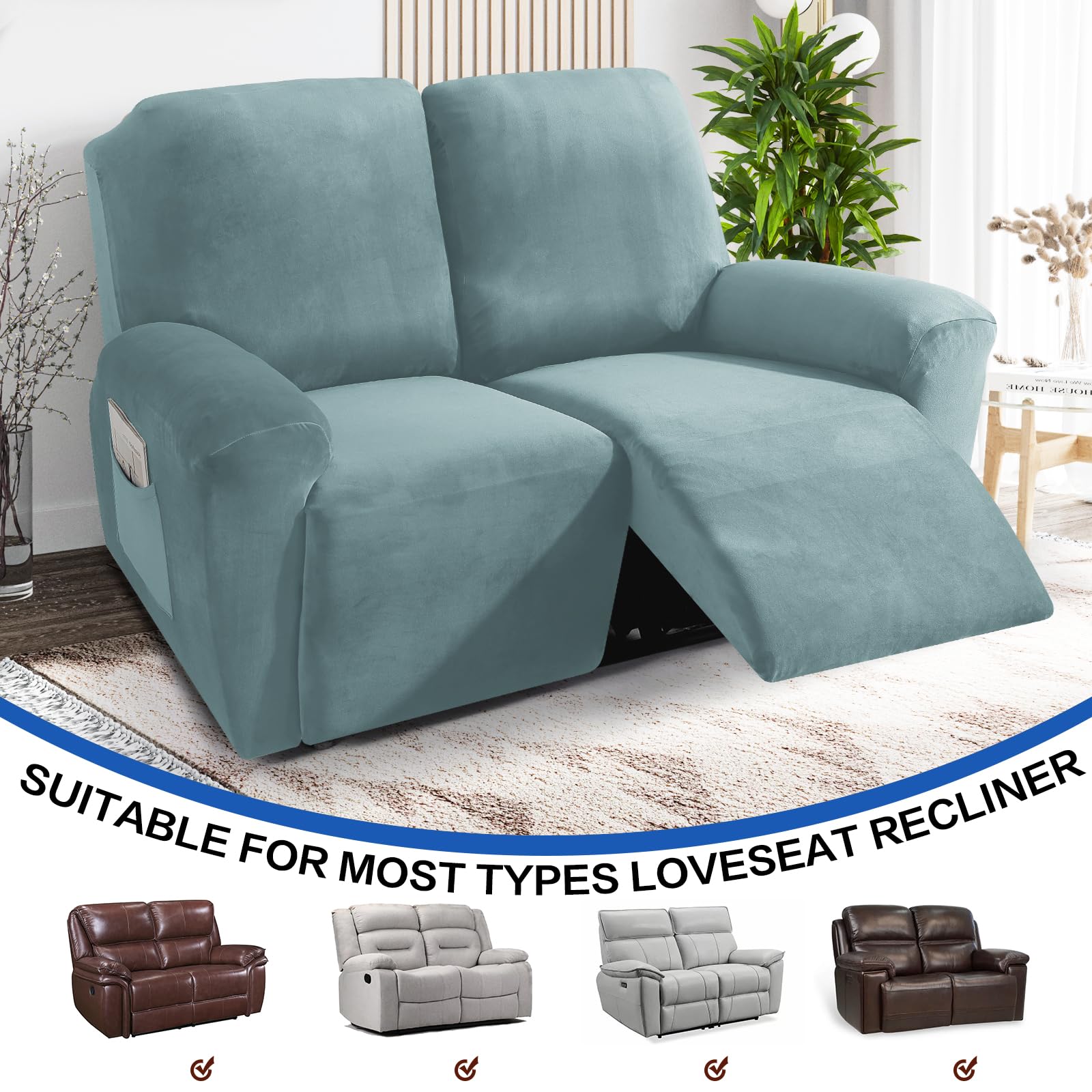 MAXIJIN 6-Piece Stretch Velvet Recliner Loveseat Slipcover - Soft Washable Furniture Cover for 2-Seater Reclining Sofa, Thick & Durable (Dusty Blue) - Perfect for Living Room, Home Theater & Family Room Protection