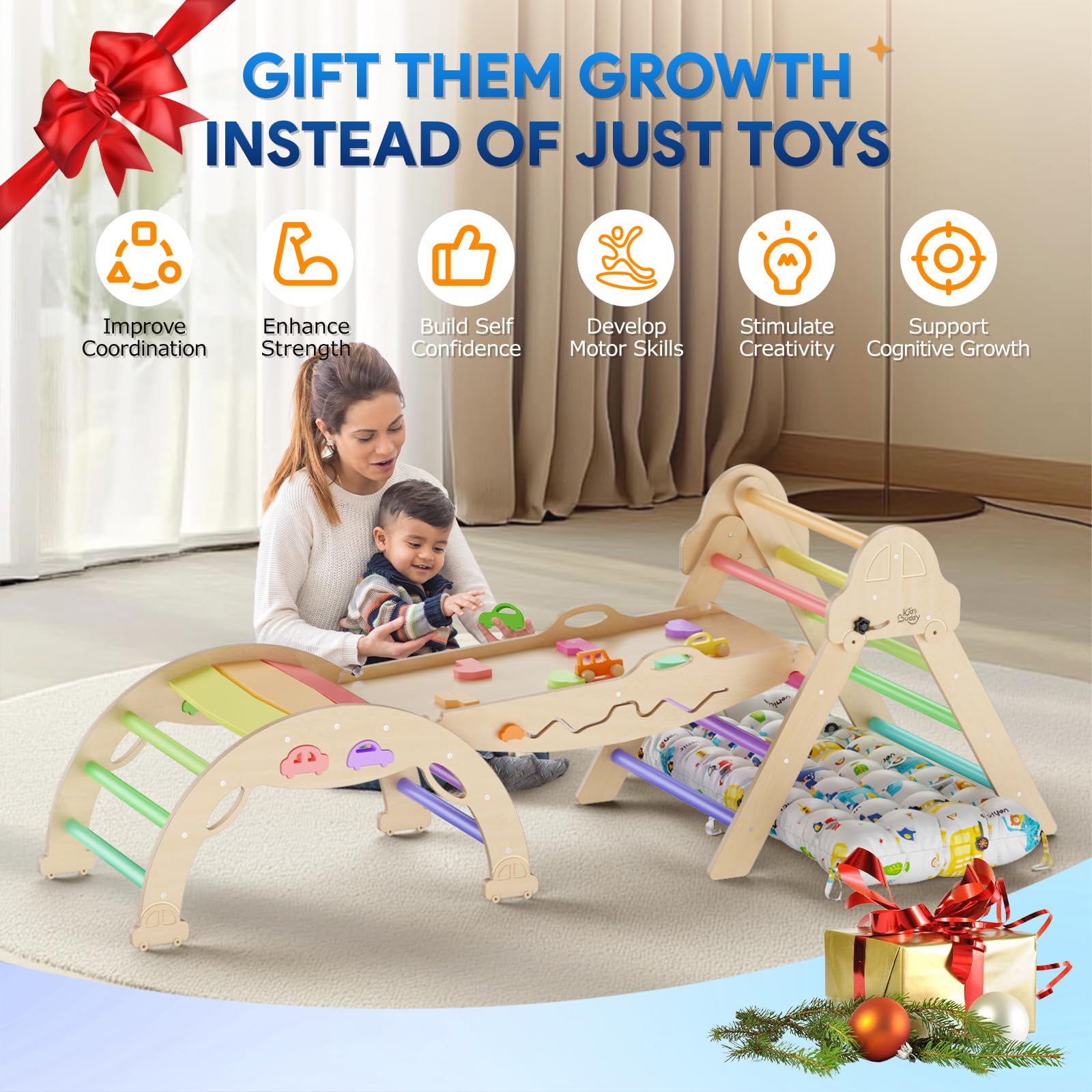 Foldable Pikler Triangle Set with Cushion - 9-in-1 Montessori Climbing Toys for Toddlers 1-3 Years | Indoor Wooden Play Gym with Maze, Shape Sorter & Car Toys | Perfect for Home Playrooms, Daycares & Montessori Learning Spaces