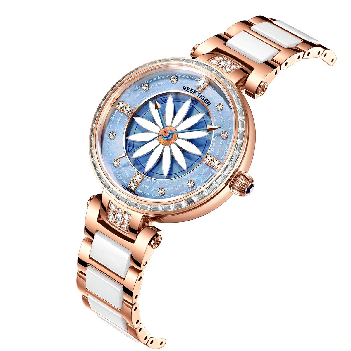 REEF TIGER RGA1599 Luxury Women's Automatic Watch with Diamond Bezel - Elegant Lily Design for Business, Party & Everyday Wear
