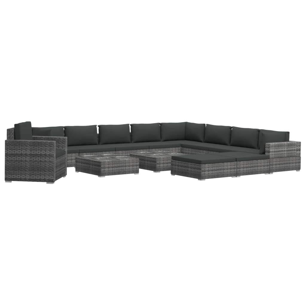 13-Piece Gray Poly Rattan Outdoor Sectional Sofa Set with Cushions & 2 Coffee Tables - Patio Garden Conversation Furniture for Backyard, Poolside & Deck Lounge