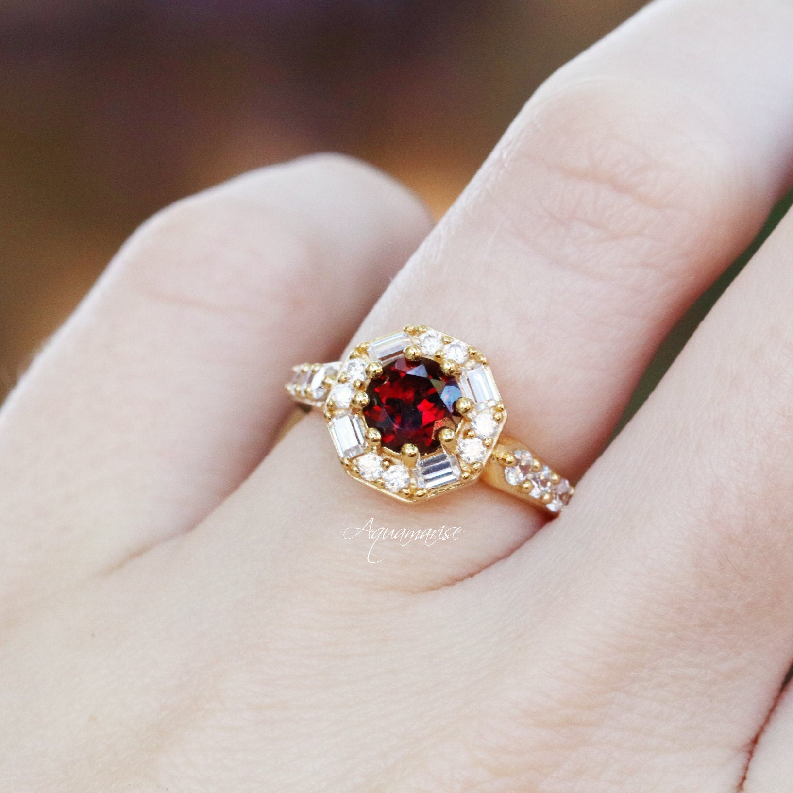 Hexagon Garnet Ring 14K Yellow Gold Vermeil - Elegant Geometric Jewelry for Women, Perfect for Weddings, Anniversaries & Special Occasions