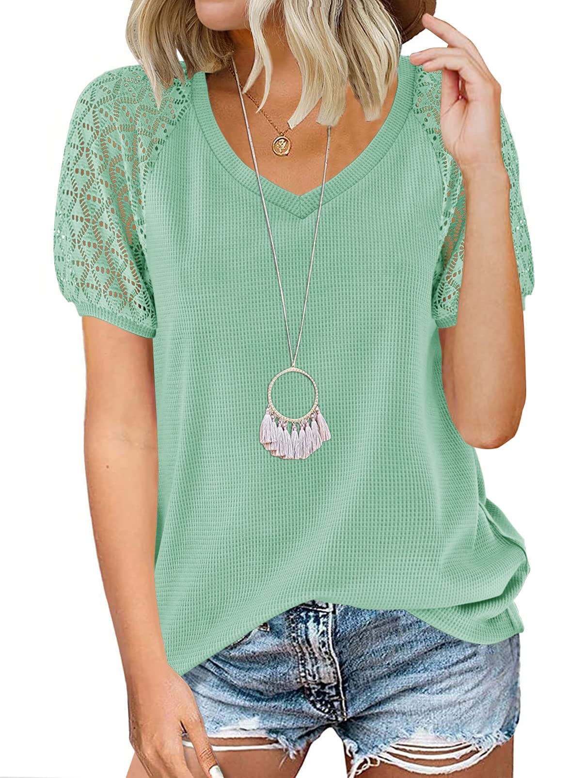 MEROKEETY Women's Summer Lace Short Sleeve V-Neck Blouse - Loose Casual Waffle Knit Top for Beach, Vacation & Everyday Wear