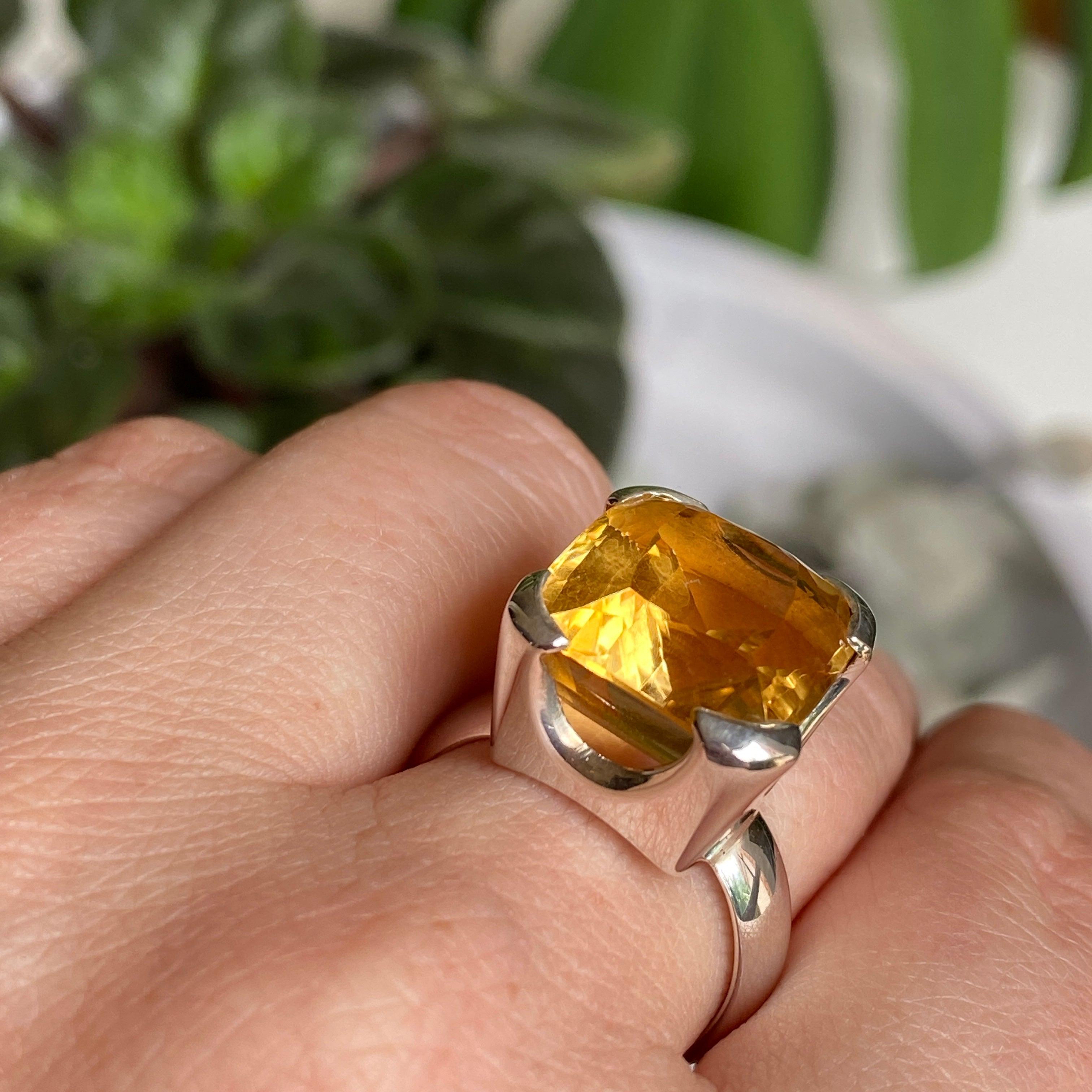 Natural Citrine Gemstone Rectangular Faceted Ring - Size 8, KRGJ2150 - Elegant Jewelry for Women, Perfect for Weddings, Parties & Everyday Wear