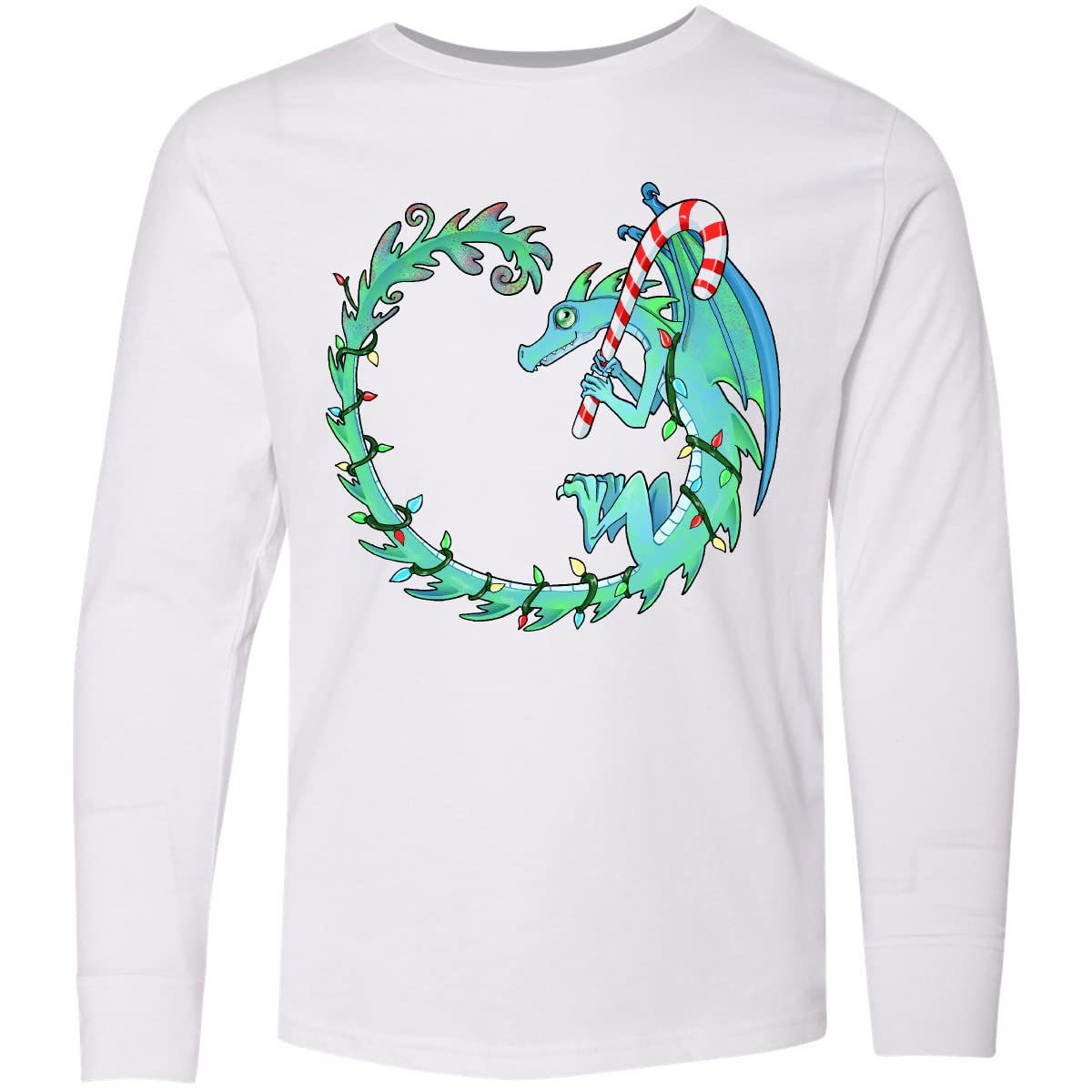 Inktastic Christmas Dragon with Candy Cane Youth Long Sleeve T-Shirt - Festive Holiday Gift for Kids, Boys & Girls - Perfect for Christmas Parties, Family Gatherings & Winter Outfits