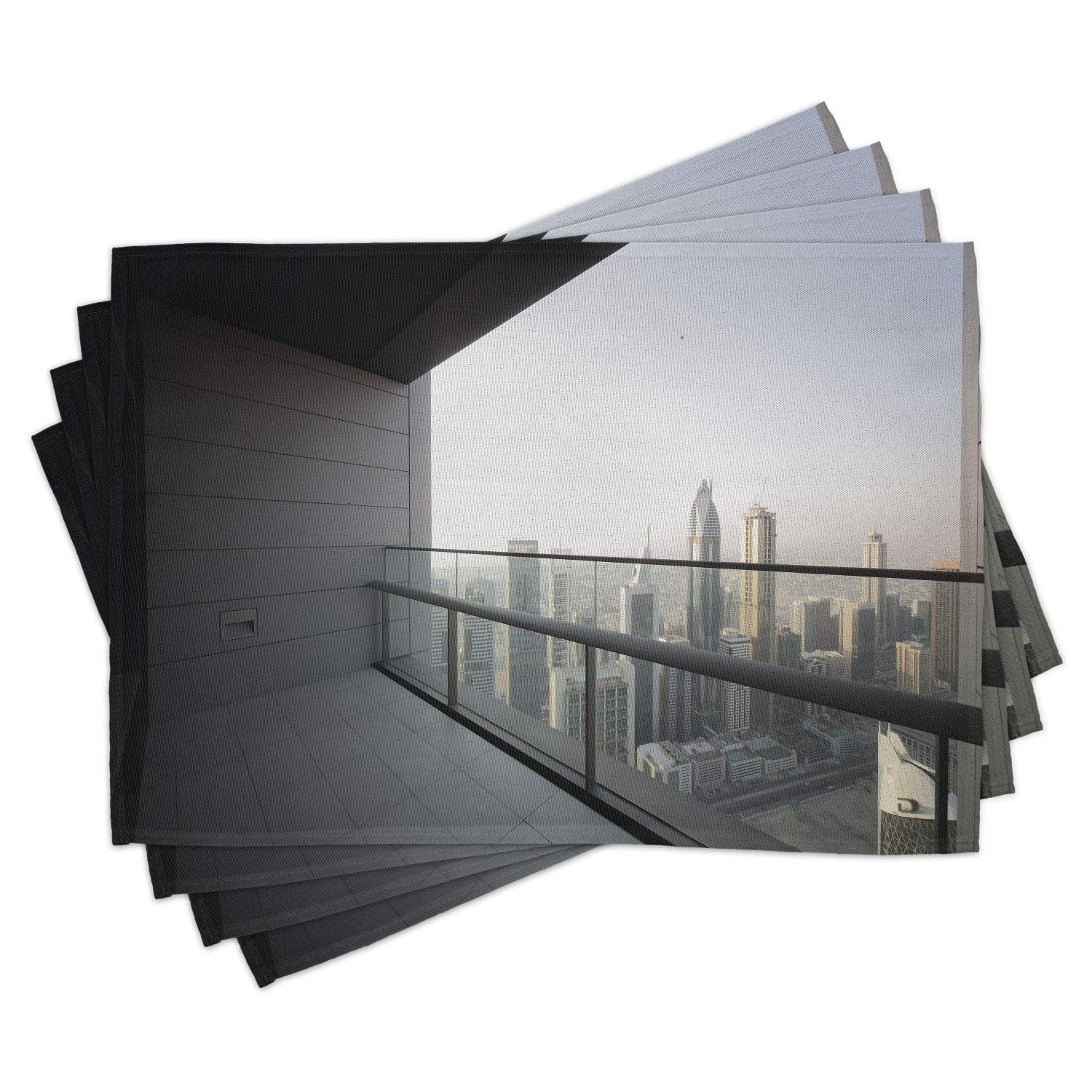Ambesonne Modern Place Mats Set of 4 - Dubai City Skyline Photo Print, Washable Fabric Dining Table Mats for Kitchen & Dining Room Decor in Charcoal Grey & White - Perfect for Dinner Parties, Holiday Gatherings & Home Styling