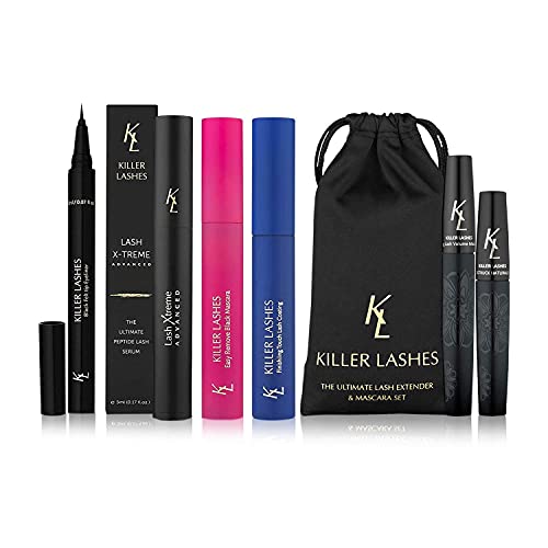 KL KILLER LASHES Eyelash Growth Serum & Mascara Set - Black Volumizing Mascara, Fiber Lash Extender, Smudge-Proof Clear Mascara & Liquid Eyeliner Pen - For Longer, Fuller Lashes - Perfect for Daily Use, Special Occasions & Professional Makeup Looks
