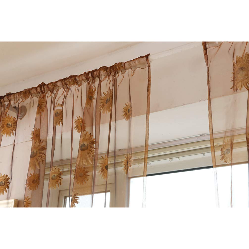 BESPORTBLE Crushed Voile Sheer Curtains - Flax Linen Window Treatments with Sunflower Pattern, Semi-Transparent Tulle Drapes for Living Room & Bedroom (Set of 2 Panels)
