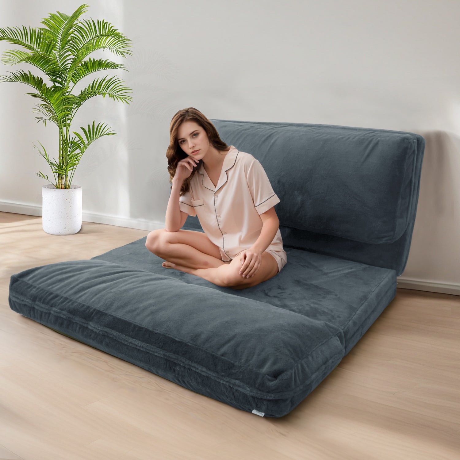 MAXYOYO Foldable Bean Bag Sofa Bed - Extra Thick Multi-Functional Floor Lounger with Washable Faux Fur Cover in Dusty Blue | Perfect for Living Rooms, Dorms, Game Rooms & Relaxation Spaces