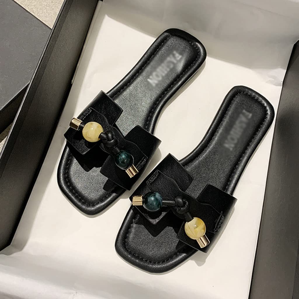 Women's Synthetic Leather Flat Slides - Square Toe Summer Sandals with Rubber Sole | Comfortable Casual Slippers for Vacation & Everyday Wear (Black, Size EUR 38) | Perfect for Beach, Poolside, and Indoor Lounging
