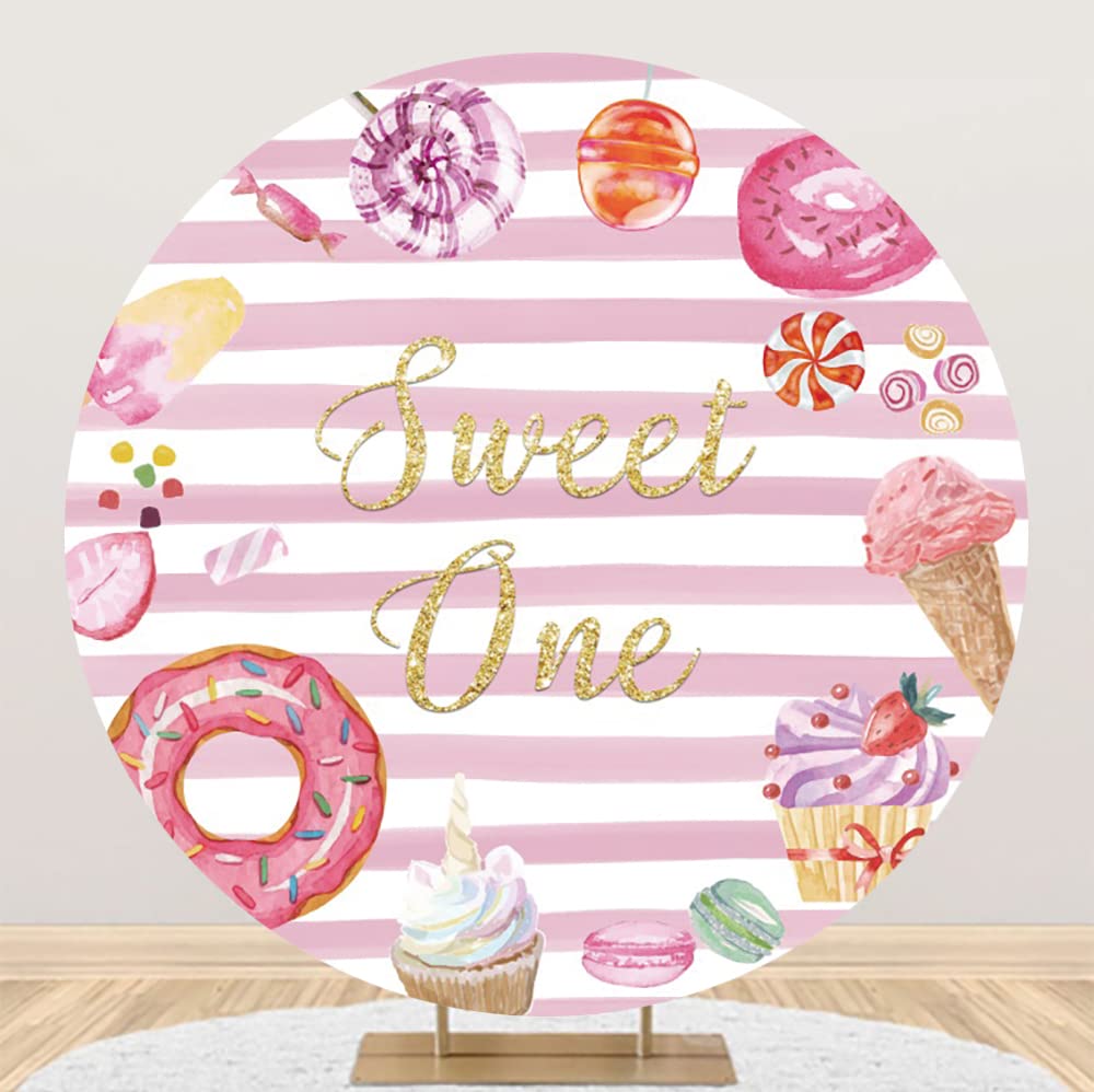 7.2x7.2ft Pink Donut Ice Cream Stripe Polyester Birthday Backdrop - Sweet One Baby Girl 1st Birthday Photo Background for Newborn Baby Shower, Cake Table Decor & Video Studio Props | Perfect for First Birthday Parties, Baby Showers, Photography Sessions and Social Media Content Creation