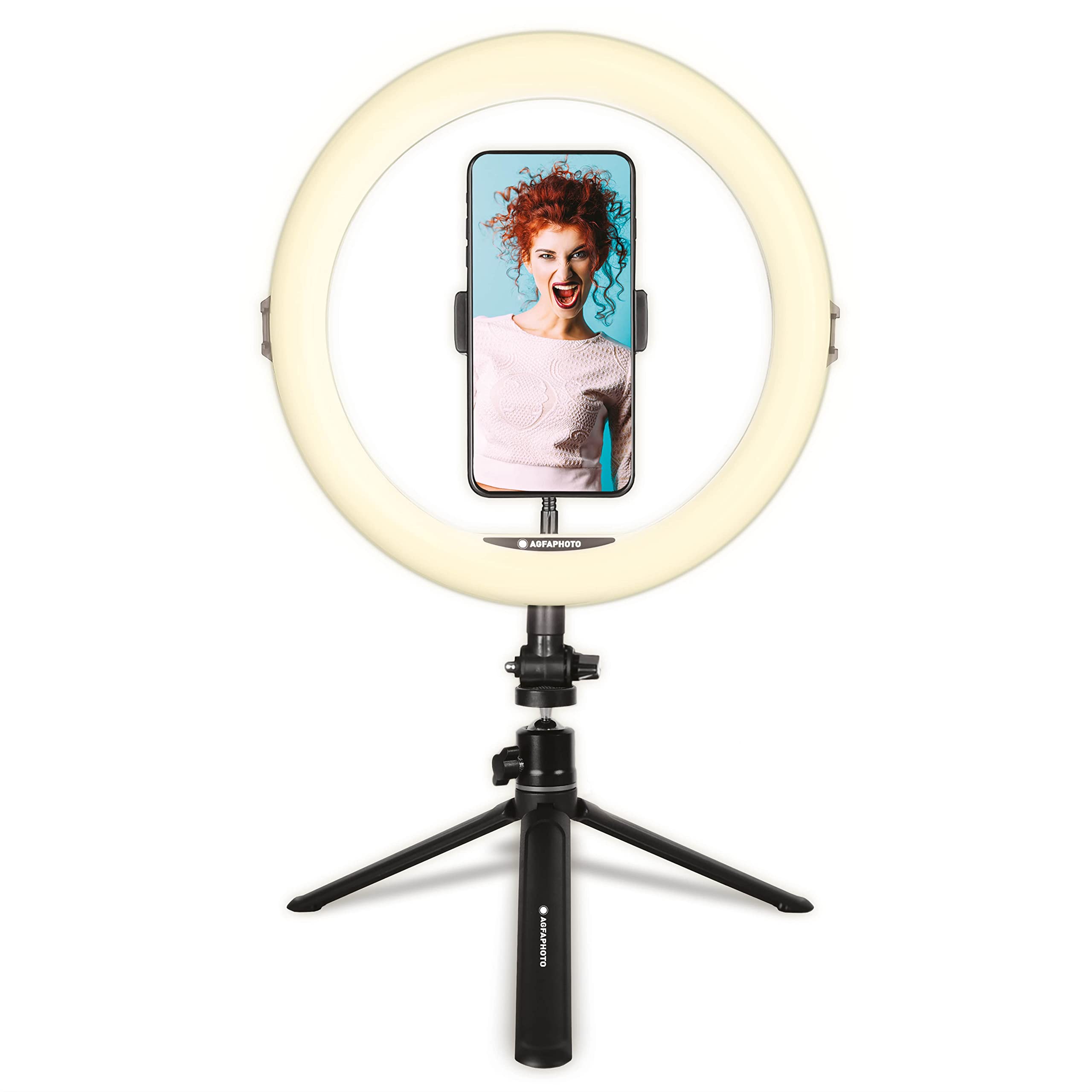 AgfaPhoto Realiview ARL11 11'' LED Ring Light with Tripod Stand - Professional Lighting for Photography, Selfies, Videos, YouTube, Makeup & TikTok - Compatible with Smartphones - Perfect for Content Creators, Beauty Vloggers & Live Streaming
