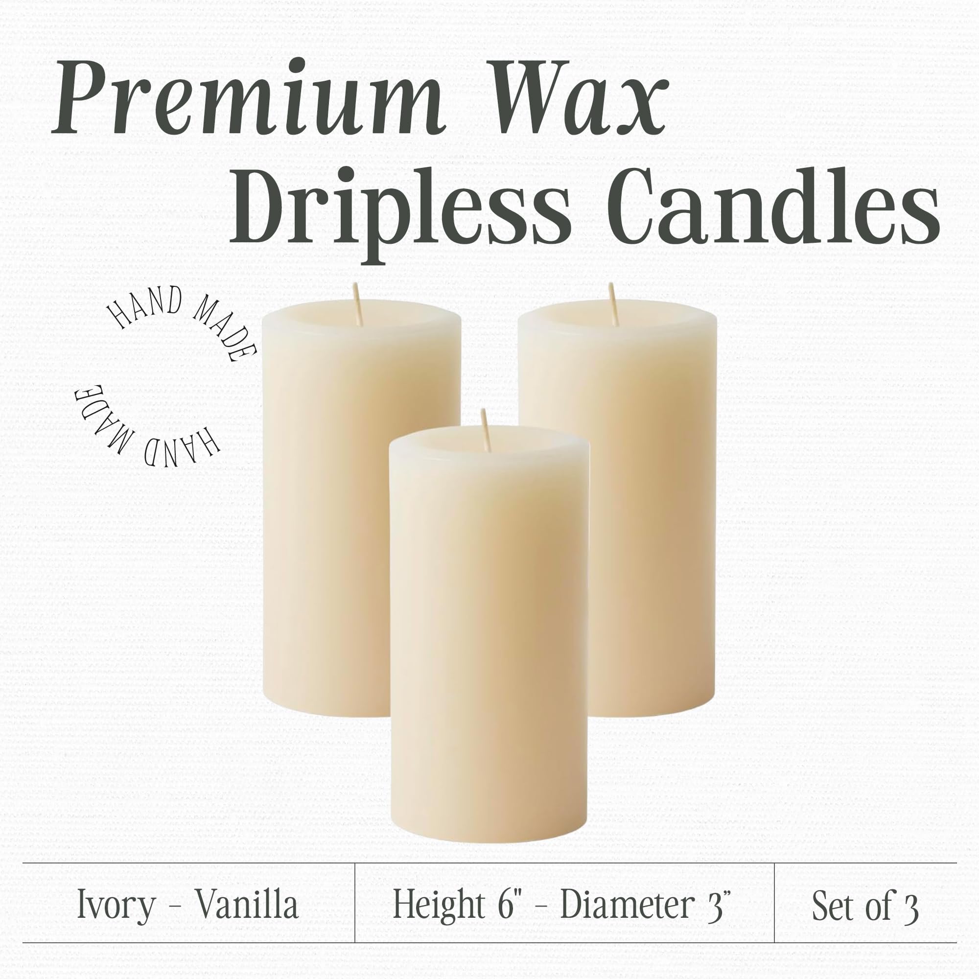Premium Handmade Vanilla Scented Pillar Candles Set of 3 - Dripless, Essential Oil Infused, 80-Hour Burn Time (3x6 inch) for Home Decor, Wedding Centerpieces & Relaxing Aromatherapy