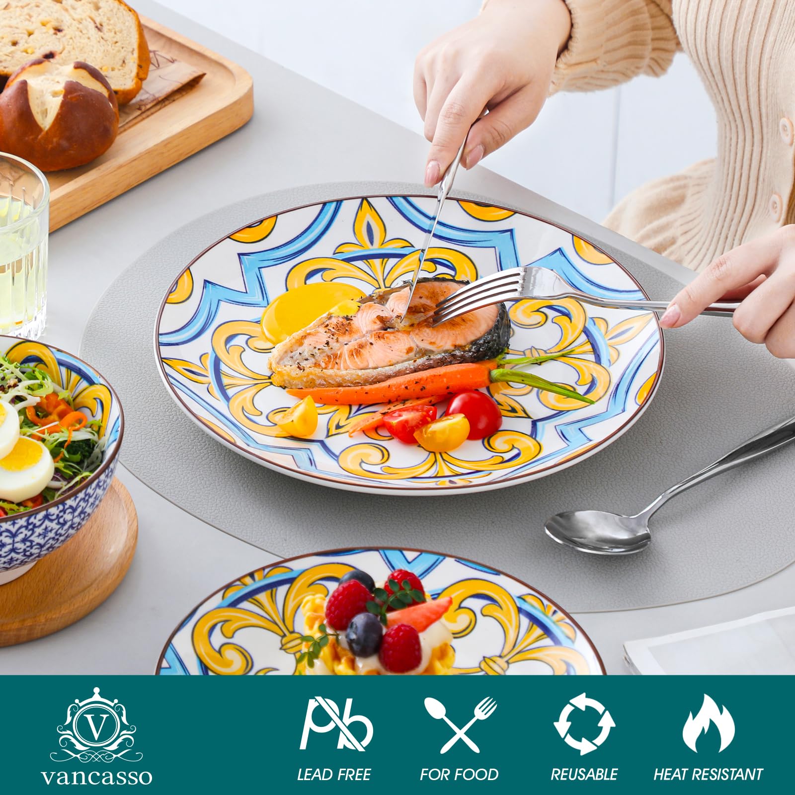 Vancasso 12-Piece Porcelain Dinnerware Set for 4 - Chip Resistant Ceramic Plates & Bowls - Hand-Painted Arabic Style Jasmine Series - Elegant Dining Tableware for Family Meals, Dinner Parties & Restaurant Use