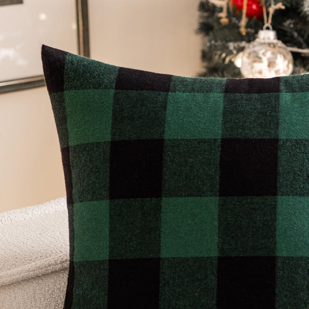 Woaboy 2-Pack Christmas Buffalo Check Throw Pillow Covers - 18x18 Inch Plaid Farmhouse Decorative Pillow Covers, Soft Linen Couch & Sofa Cushion Covers for Living Room, Bedroom - Green and Black - Perfect for Holiday Decor & Cozy Home Styling