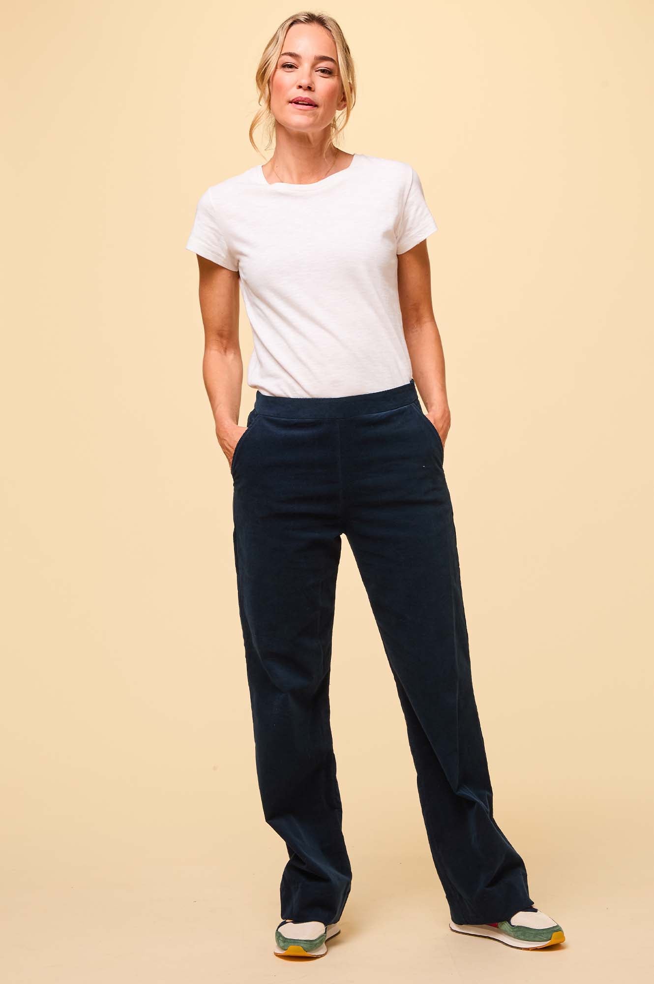 Juliette Stretch Corduroy Pants for Women - Comfortable High Waist Wide Leg Trousers in Ink Blue | Perfect for Office, Casual Wear & Fall Fashion