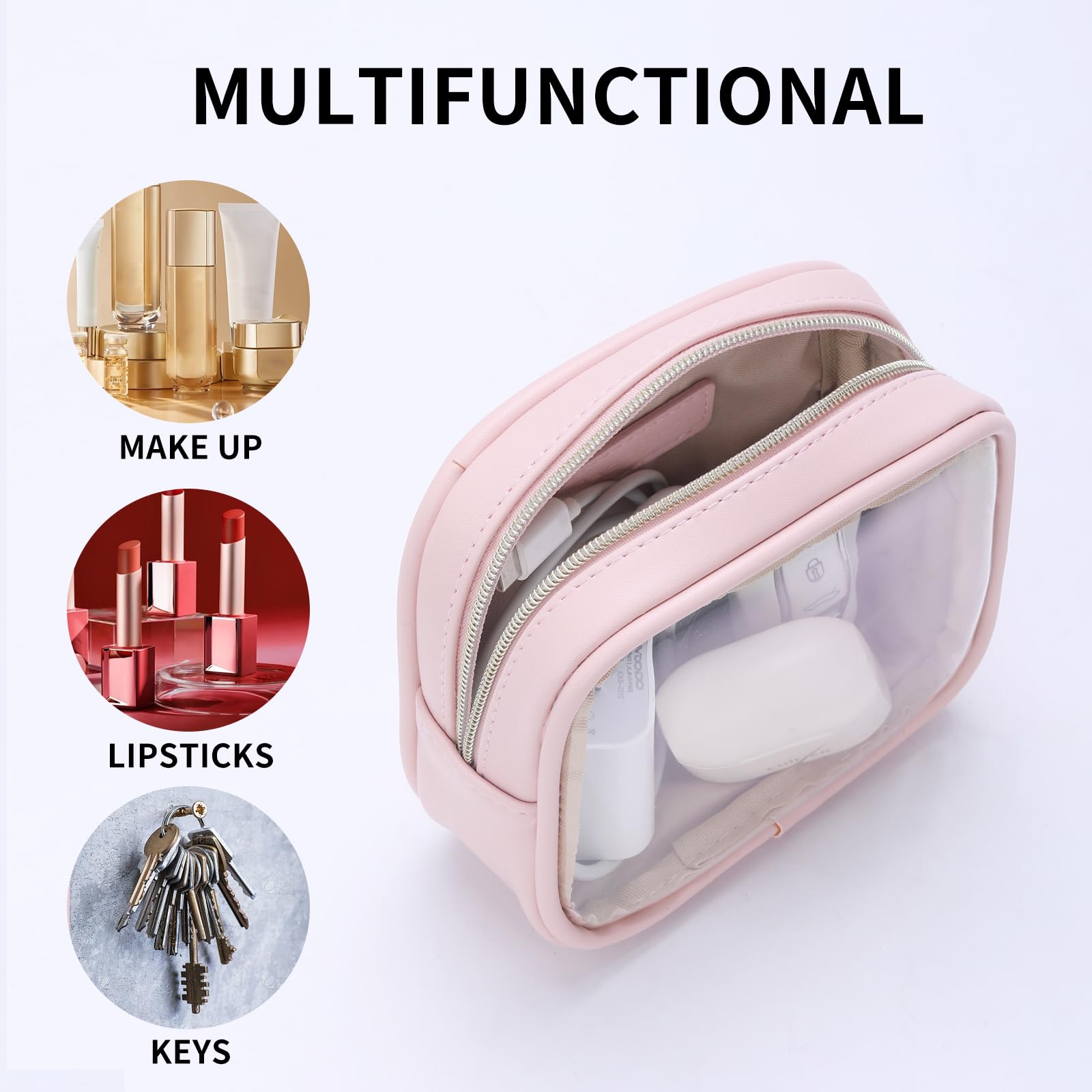 Clear Small Makeup Bag for Purse & Travel - Pink Mini Cosmetic Organizer for Accessories | Perfect for Daily Essentials, Gym, Toiletries & On-the-Go Organization