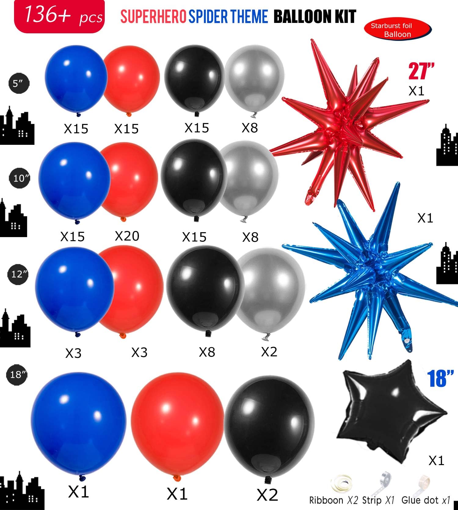 130PCS Blue Red Black Balloons Garland Arch Kit with Large Starburst Mylar Balloons - Spider Theme Birthday Party Decorations for Kids, Superhero Inspired Party Supplies | Perfect for Superhero Themed Birthday Parties, Baby Showers & Halloween Decor