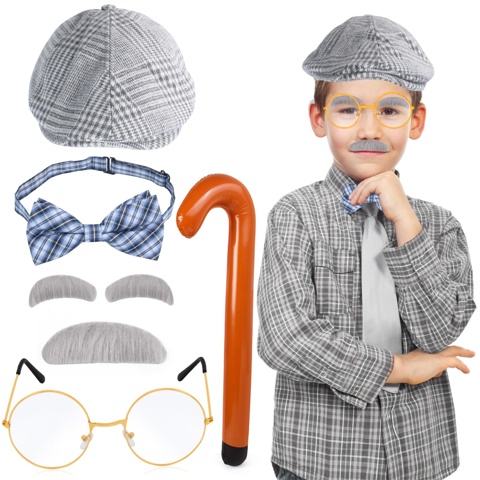 Yewong Kids Old Man Costume Set - Grandpa Costume Accessories with Beret Hat, Mustache, Eyebrows, Inflatable Cane & Glasses for Halloween, Cosplay & Dress-Up Parties