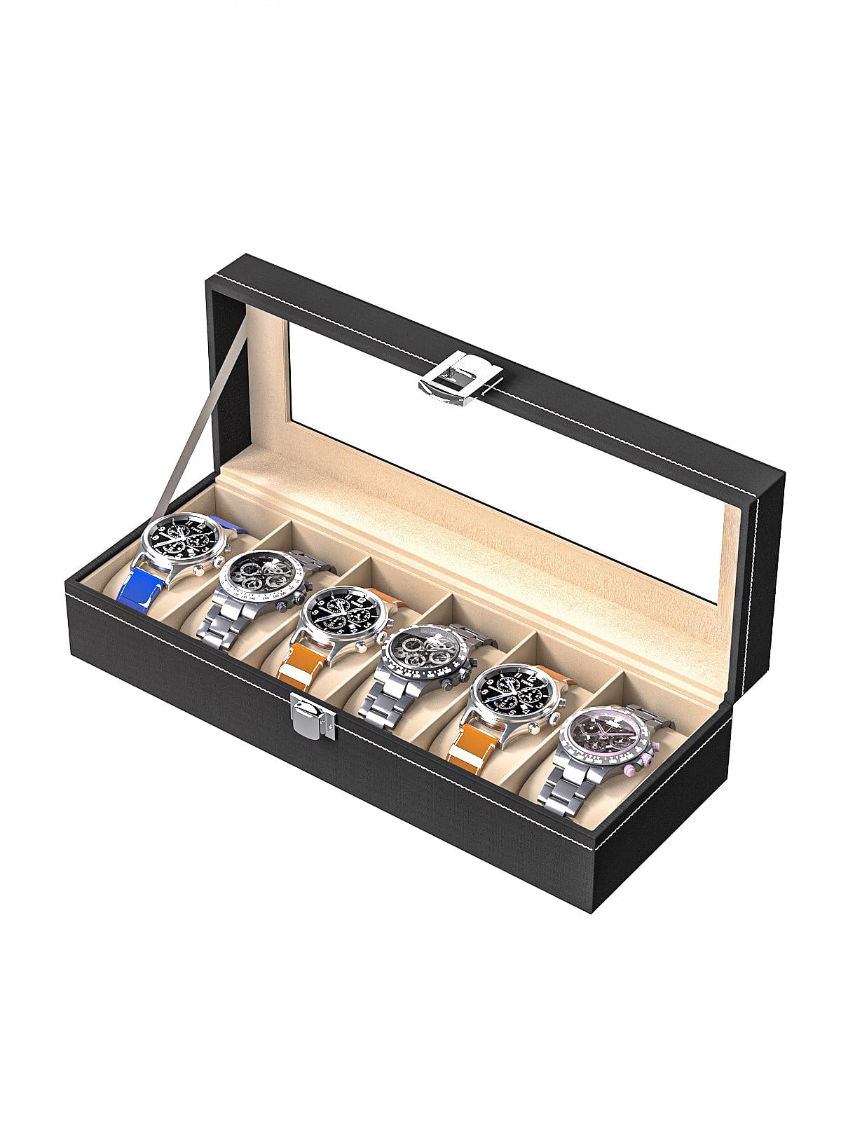 Premium Leather Watch Display Case for Men & Women - 6 Slot Watch Organizer Box with Travel Tray - Luxury Watch Collection Storage Holder (Black) - Perfect for Home, Office & Travel Accessories