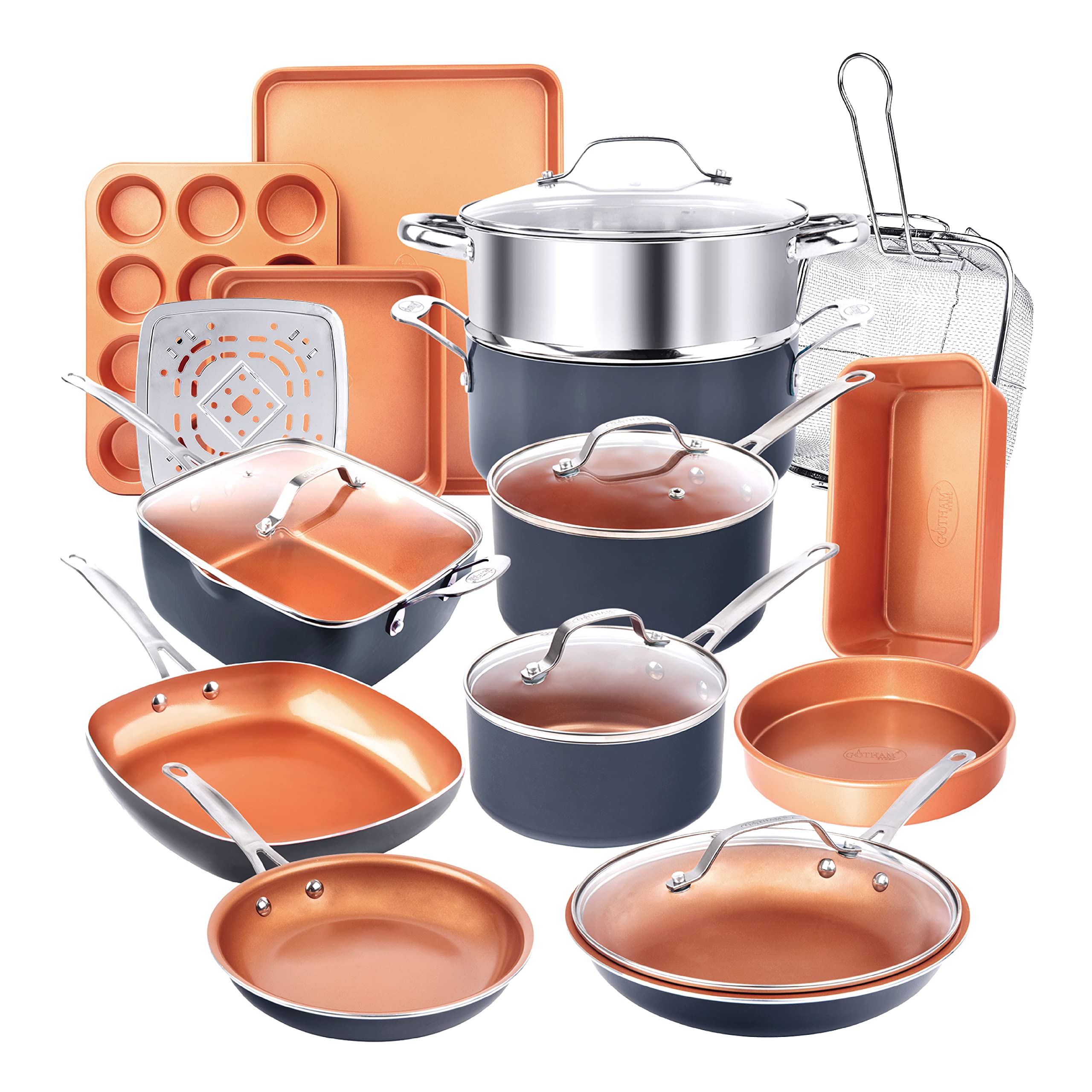 Gotham Steel True 20-Piece Ceramic Nonstick Cookware Set - PFOA/PFOS Free Pots & Pans with Deep Square Pan & Bakeware | Oven & Dishwasher Safe | Perfect for Healthy Cooking, Baking & Family Meals