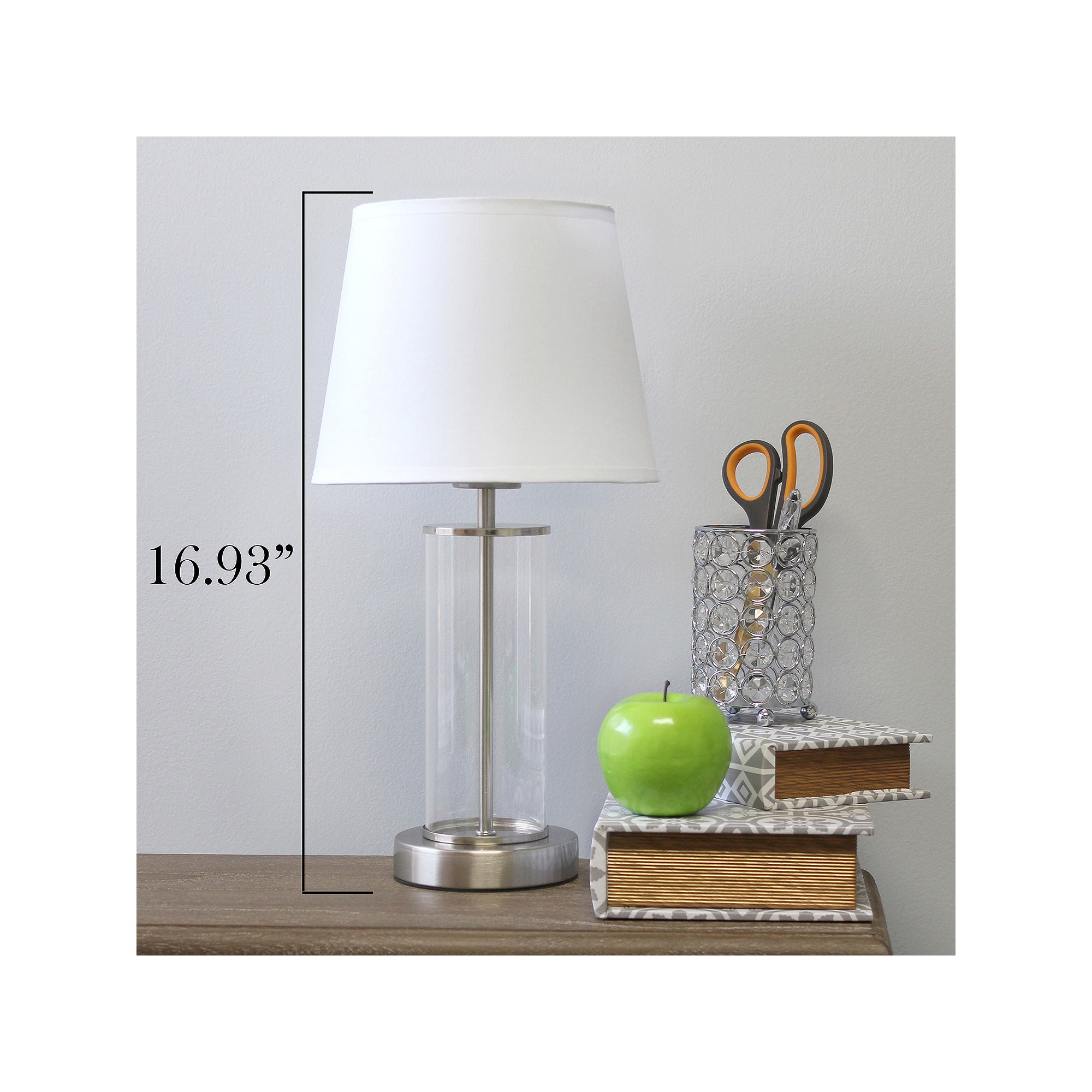 National Brand LT2081 Nickel White Table Lamp - Clear Glass & Metal Base, Modern Simple Design for Living Room, Bedroom, or Office Lighting