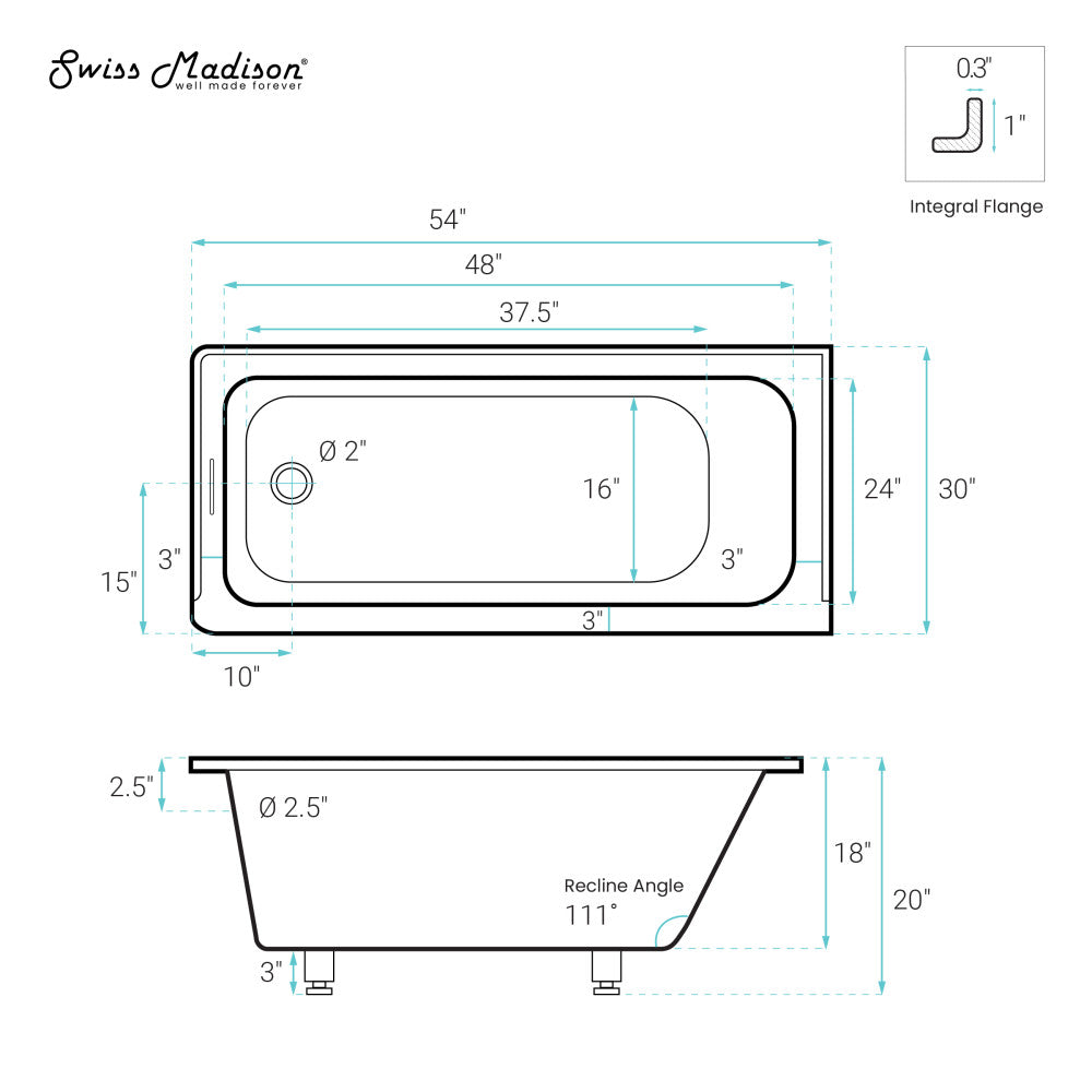 Voltaire 54 x 30 Inch Left Drain Soaking Alcove Bathtub - Glossy White Freestanding Tub with Integrated Overflow & Drain - Perfect for Small Bathrooms & Spa-Like Relaxation