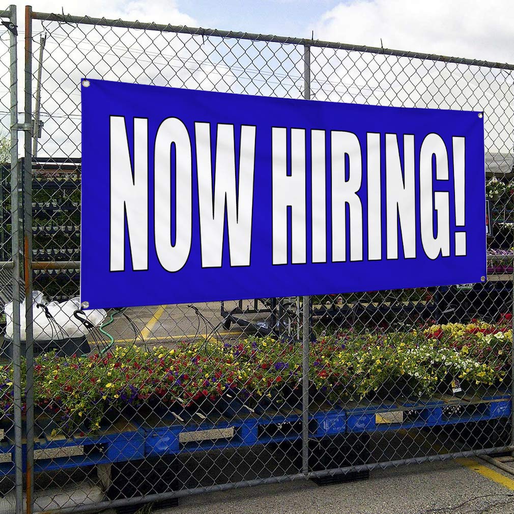 Now Hiring Vinyl Banner - 48x96 Inches Weatherproof Outdoor Business Sign with 8 Grommets (Blue & White) - Durable Yard & Industrial Use for Job Fairs, Construction Sites & Storefronts