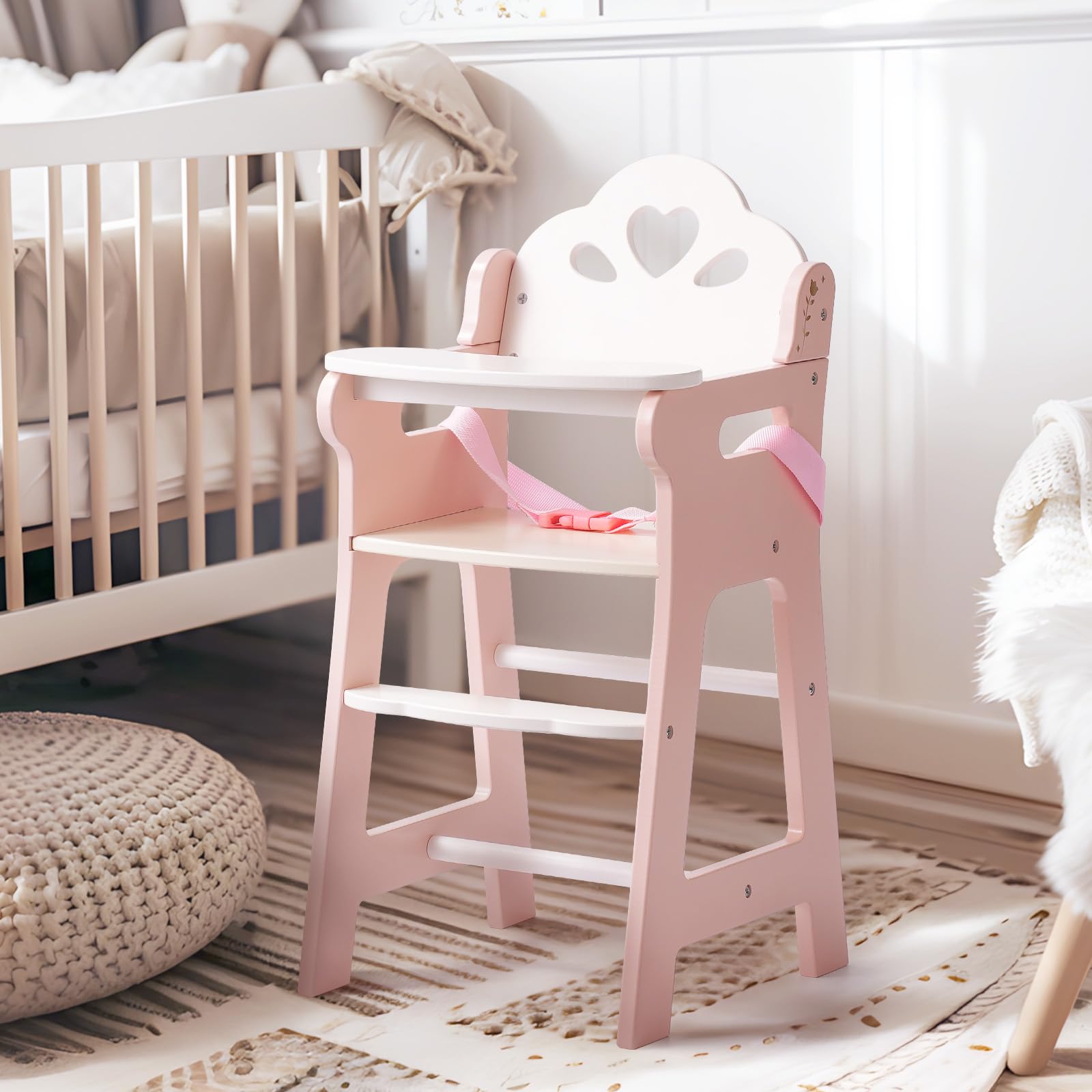 ROBOTIME Wooden Baby Doll High Chair with Safety Belt - Pretend Play for 18
