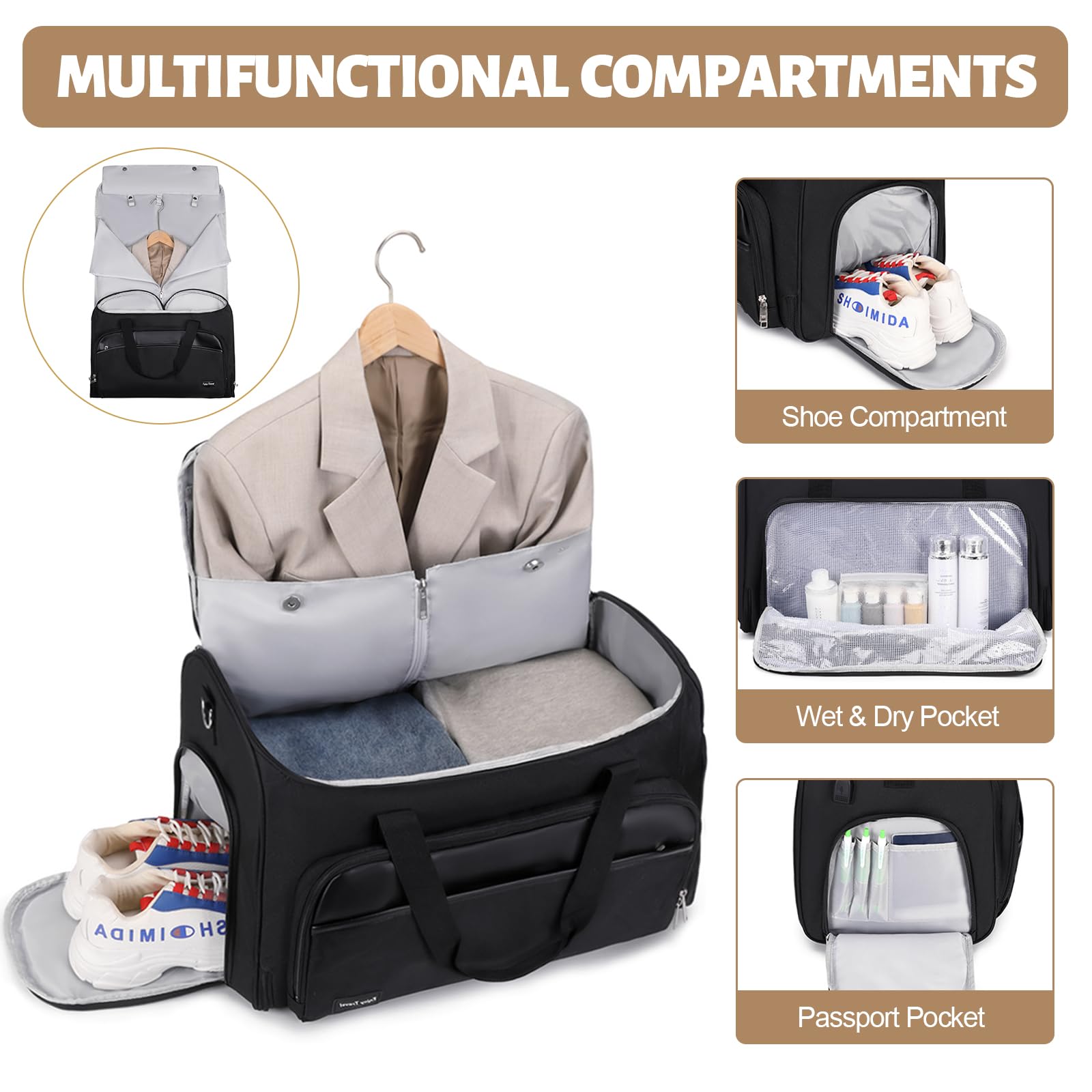 Convertible 4-in-1 Travel Duffle Bag for Men & Women - Hanging Garment Backpack with Shoe Compartment & Toiletry Bag - Carry On Suitcase for Business Trips, Gym, Weekend Getaways (Black)