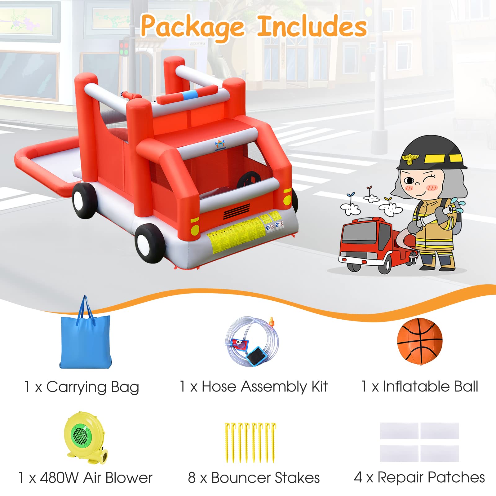 BOUNTECH Inflatable Fire Truck Water Bounce House with Slide & Splash Pool - 480W Blower Included - Wet & Dry Combo Bouncy Castle for Kids Outdoor Play - Perfect for Backyard Parties, Summer Fun & Birthday Gifts